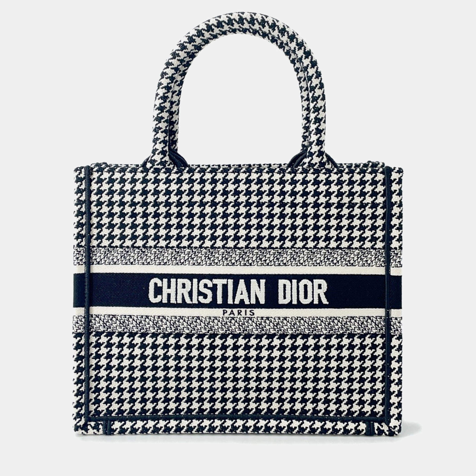 Pre Owned Dior Book Tote Houndstooth Pattern White/Black Canvas Size Small