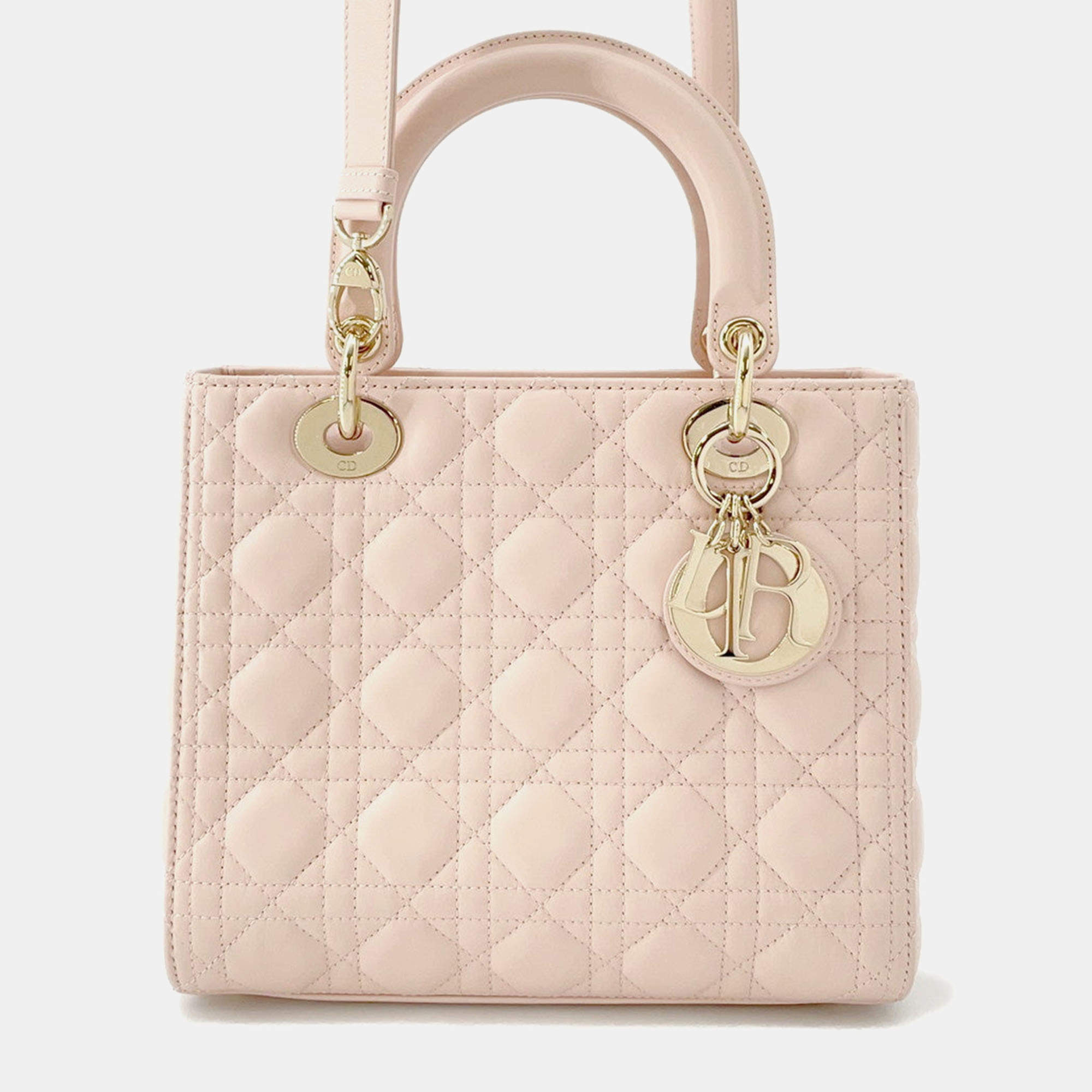 Pre Owned Dior Lady Dior Canage Powder Pink Lambskin Size Medium