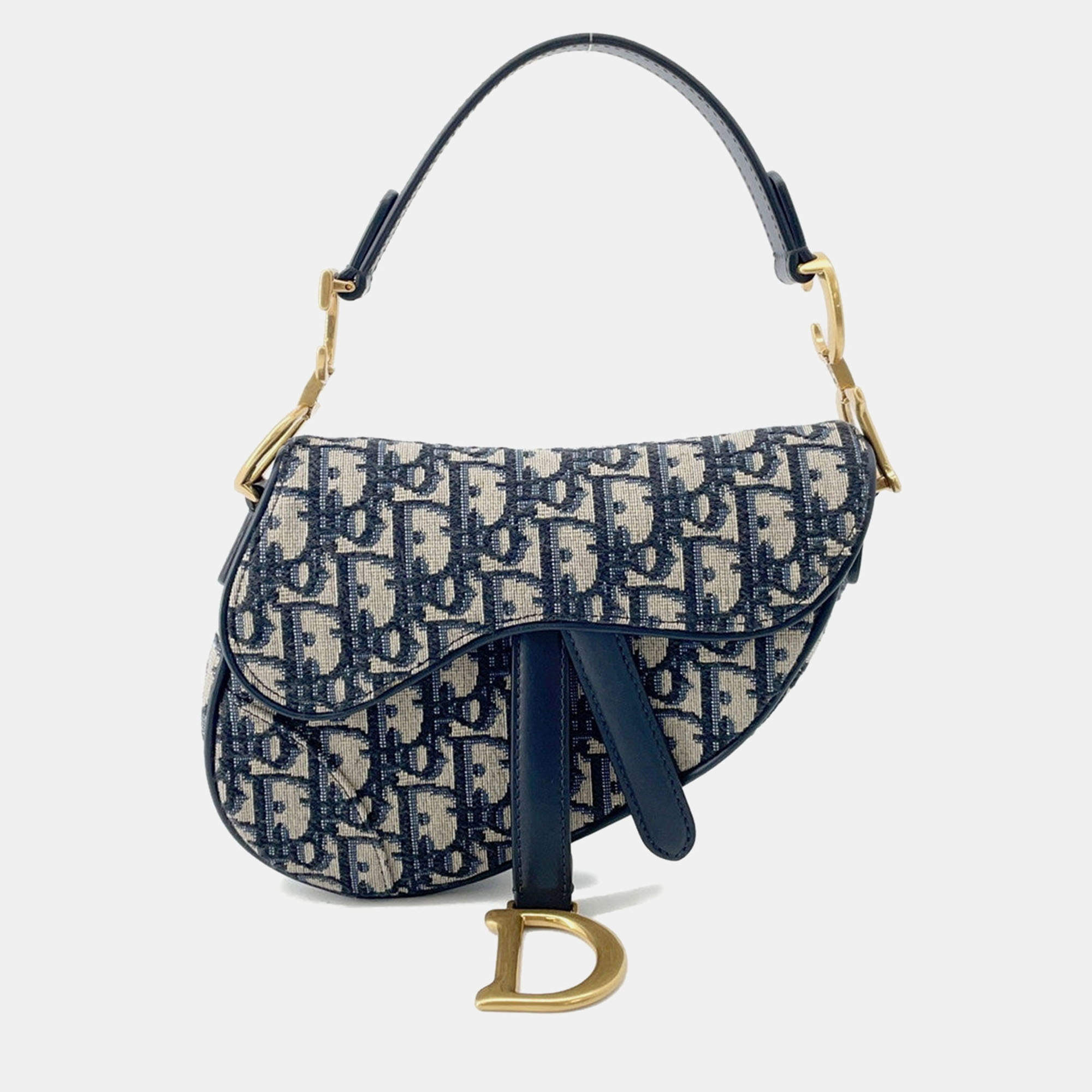 Pre Owned Dior Saddle Oblique One Shoulder Bag Navy Canvas Leather