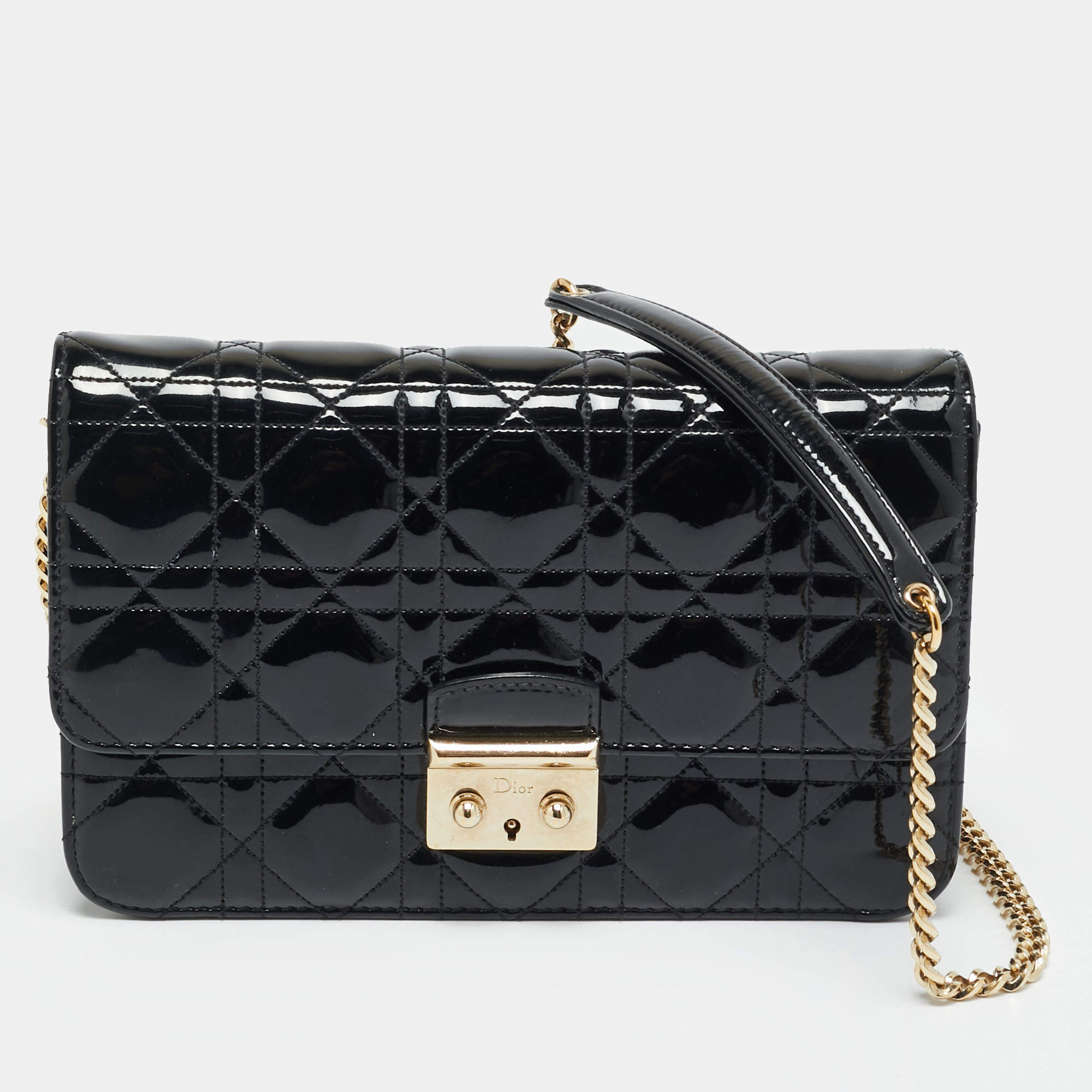 Pre Owned Dior Black Cannage Patent Leather Miss Dior Promenade Wallet On Chain