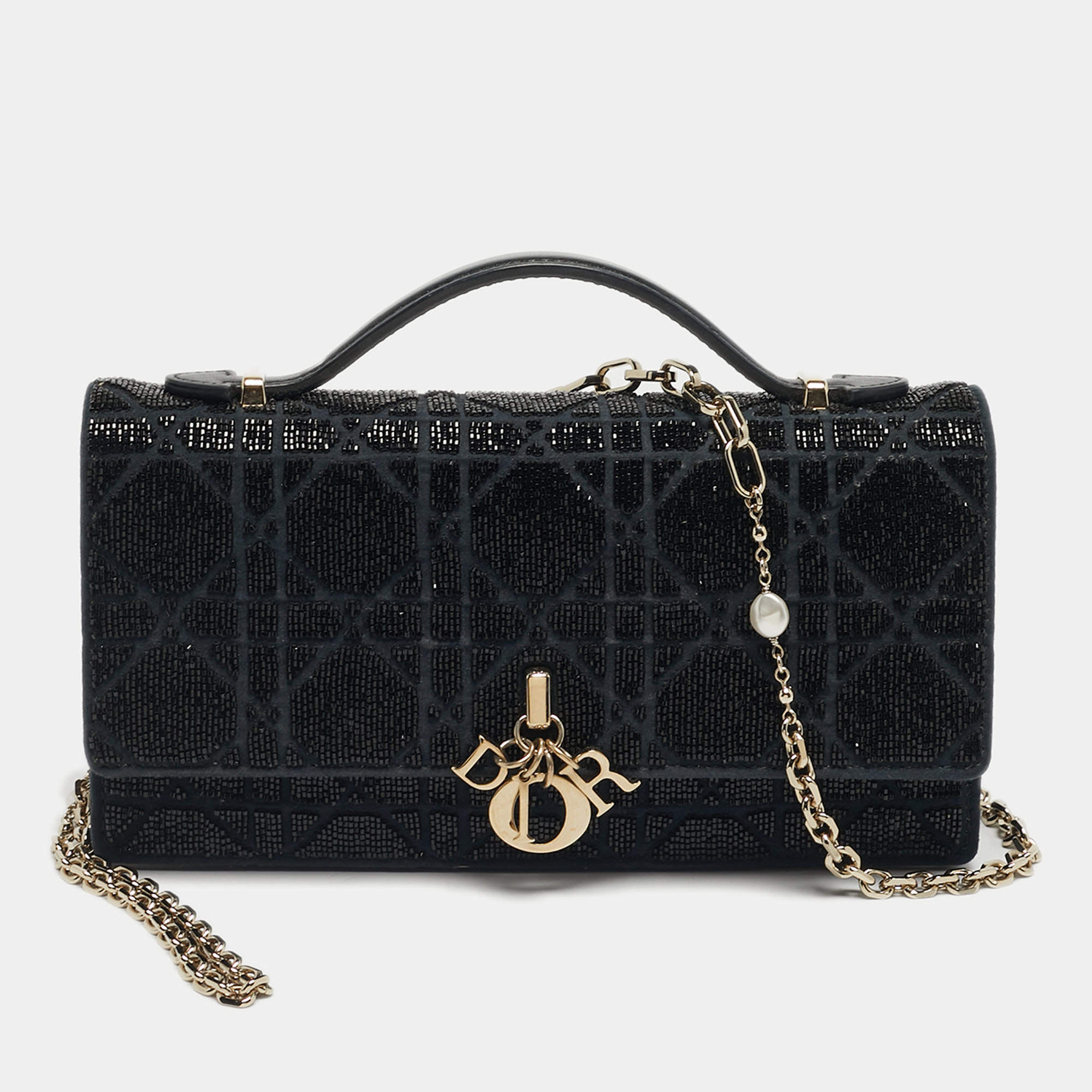 Pre Owned Dior My Dior Black Mini Microbead Cannage Fabric and Leather Shoulder Bag