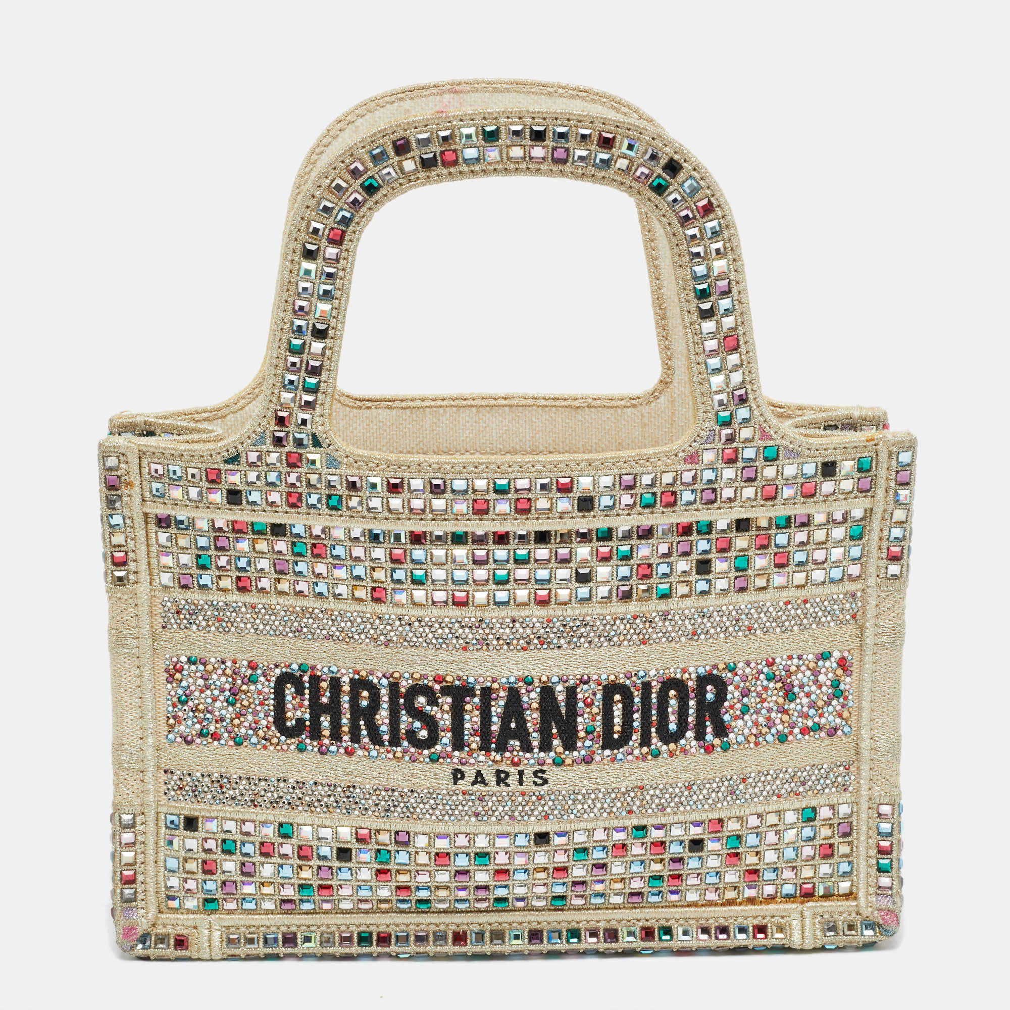مملوكة مسبقًا Dior Crystal Embellished Book Gold Canvas Tote