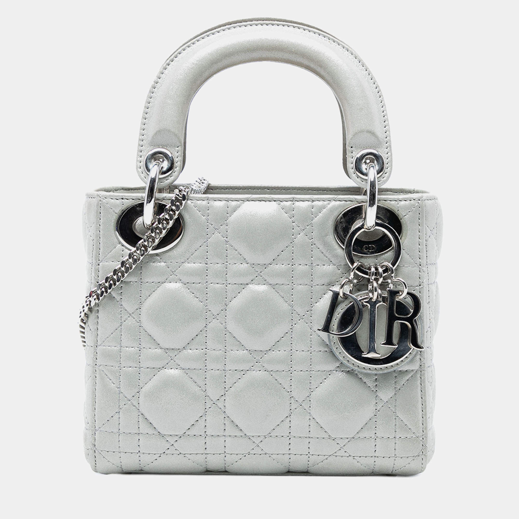 Pre Owned Dior Silver Mini Iridescent Lambskin Cannage Lady Dior
