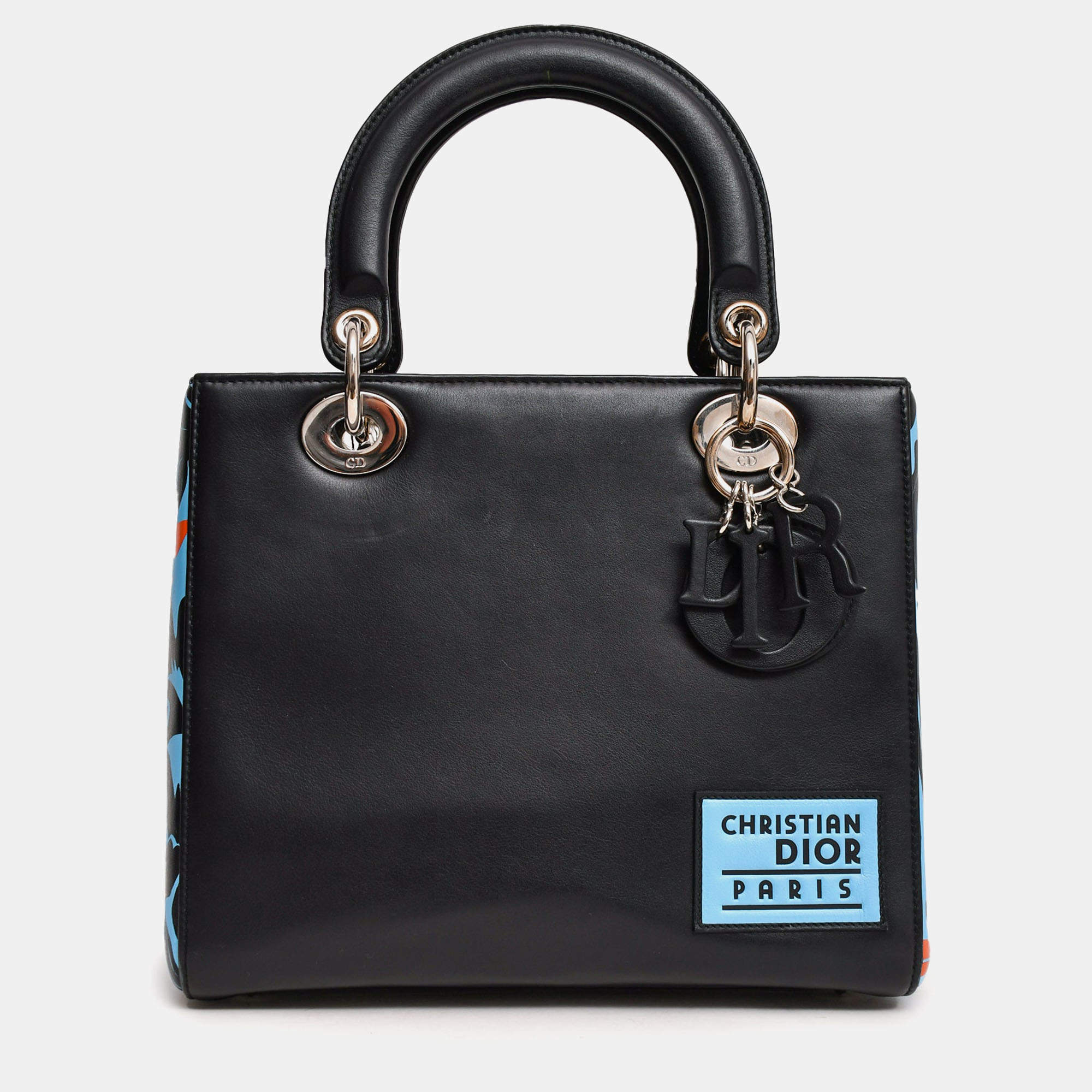 مملوكة مسبقًا حقيبة ديور ليدي ديور جلد بطبعة زهور سوداء/زرقاء 2016