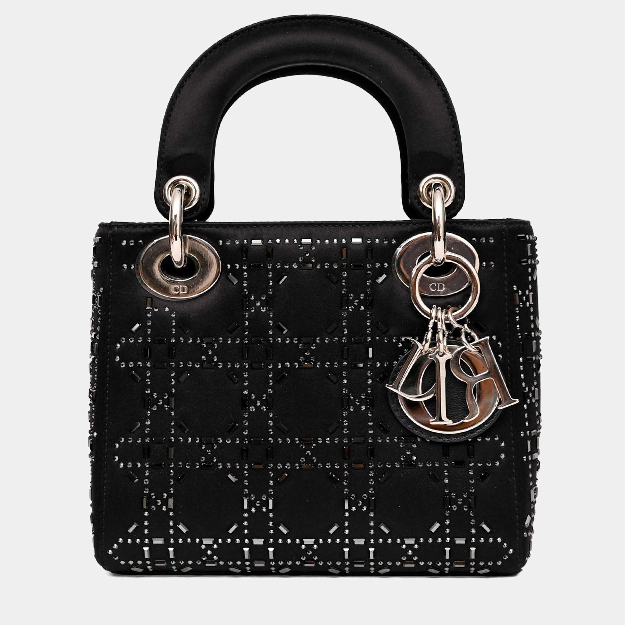 Pre Owned حقيبة ميني ليدي ديور ديور 2018 سوداء من الساتان مع أحجار كريستالية مع حزام