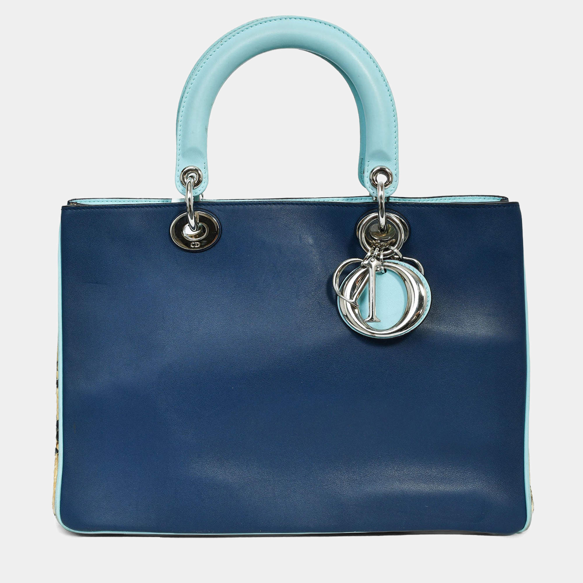 Pre Owned Christian Dior Python Navy/Light Blue Leather 'Diorissimo' Top Handle with Strap and Pouch