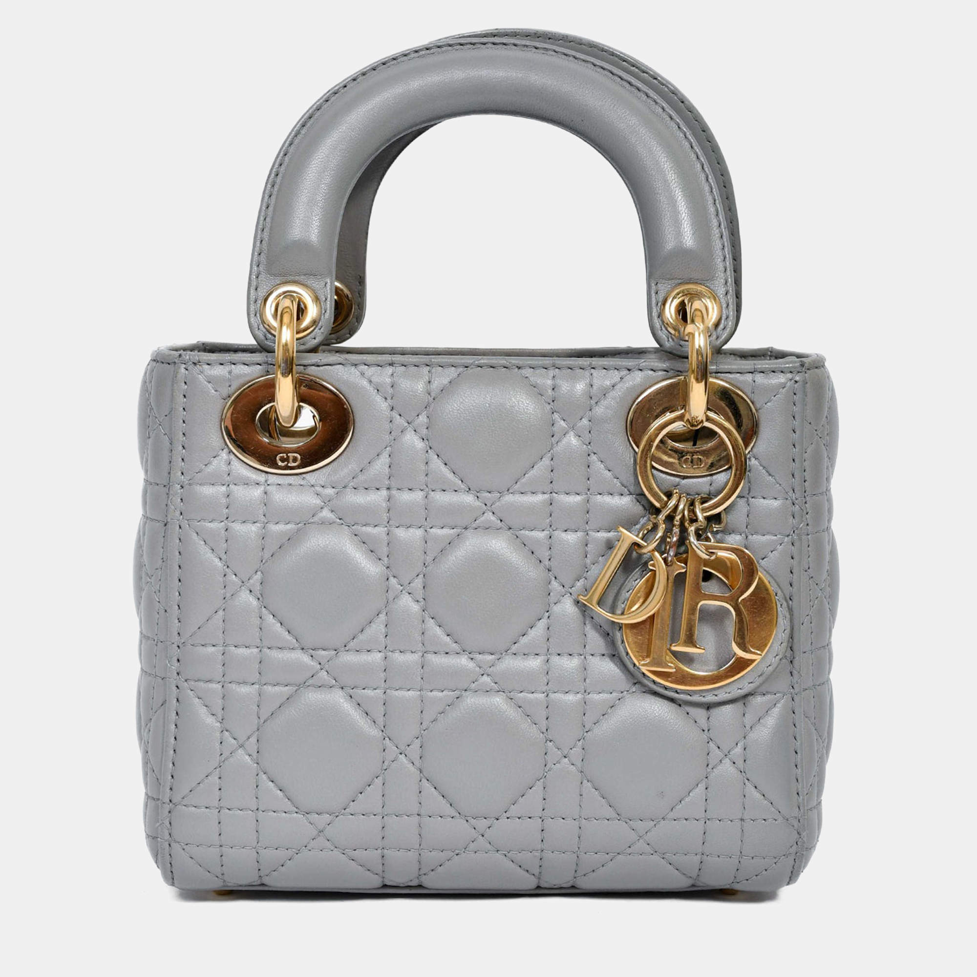 Pre Owned حقيبة ديور ليدي ديور كاناج جلد رمادي صغيرة 2015 مع حزام