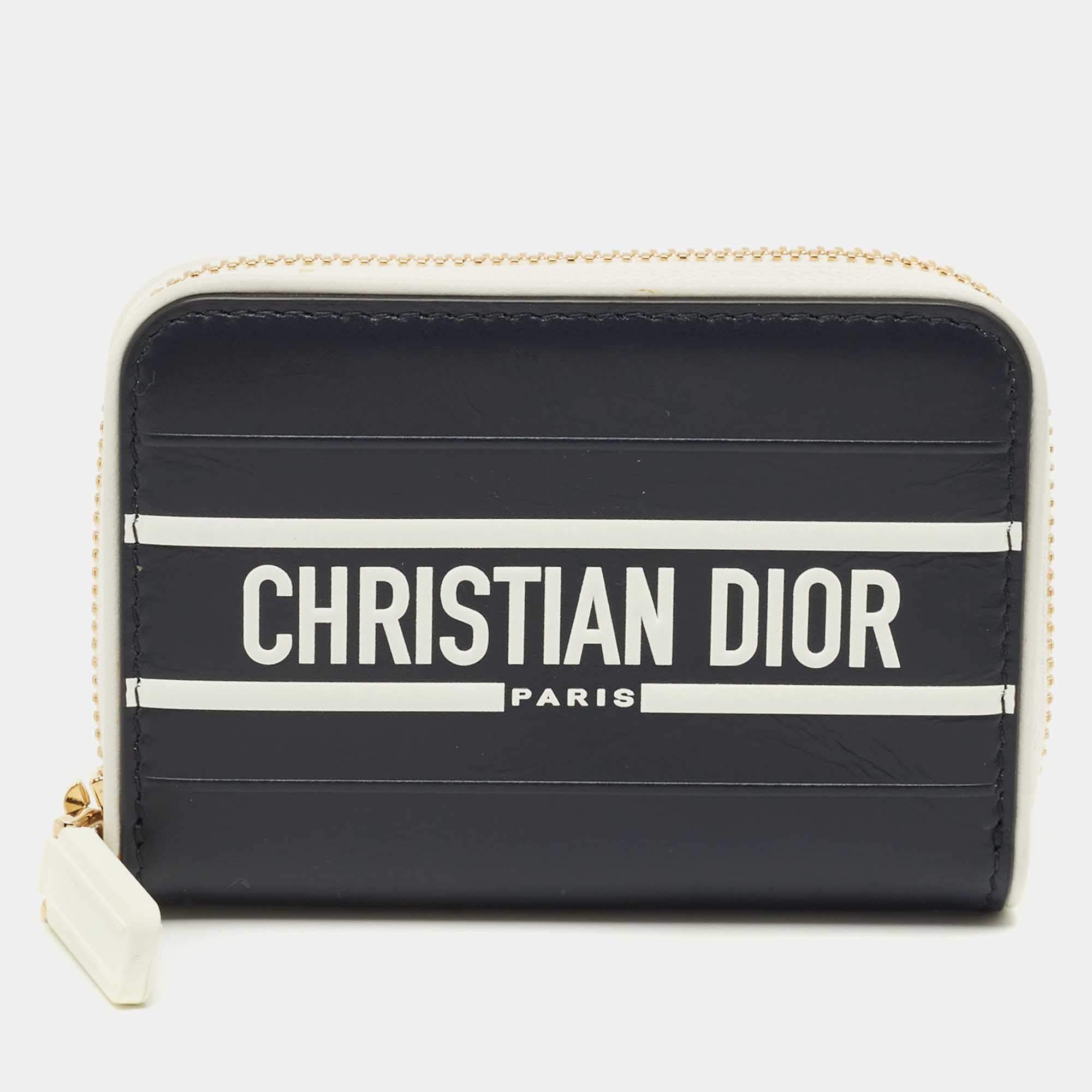 Pre Owned Dior Vibe Navy Blue/White Leather Compact Wallet