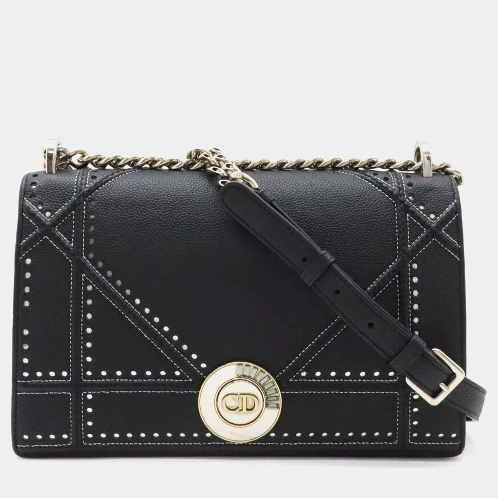 مملوكة مسبقًا Christian Dior Diorama Chain Bag Shoulder Punching Leather Black