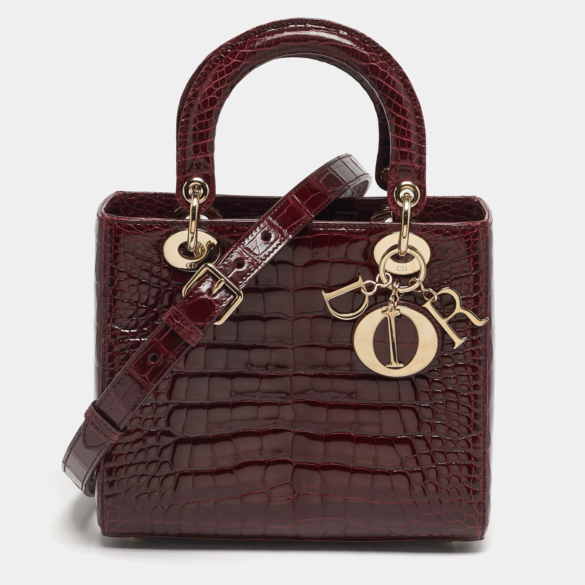 Pre Owned Dior Lady Dior Medium Burgundy Crocodile Tote