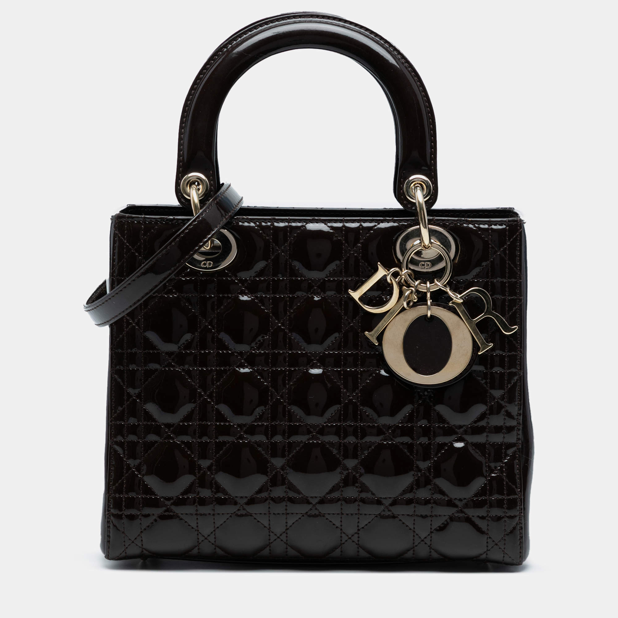 مملوكة مسبقًا حقيبة يد ديور ليدي ديور جلد مبطن بني متوسط