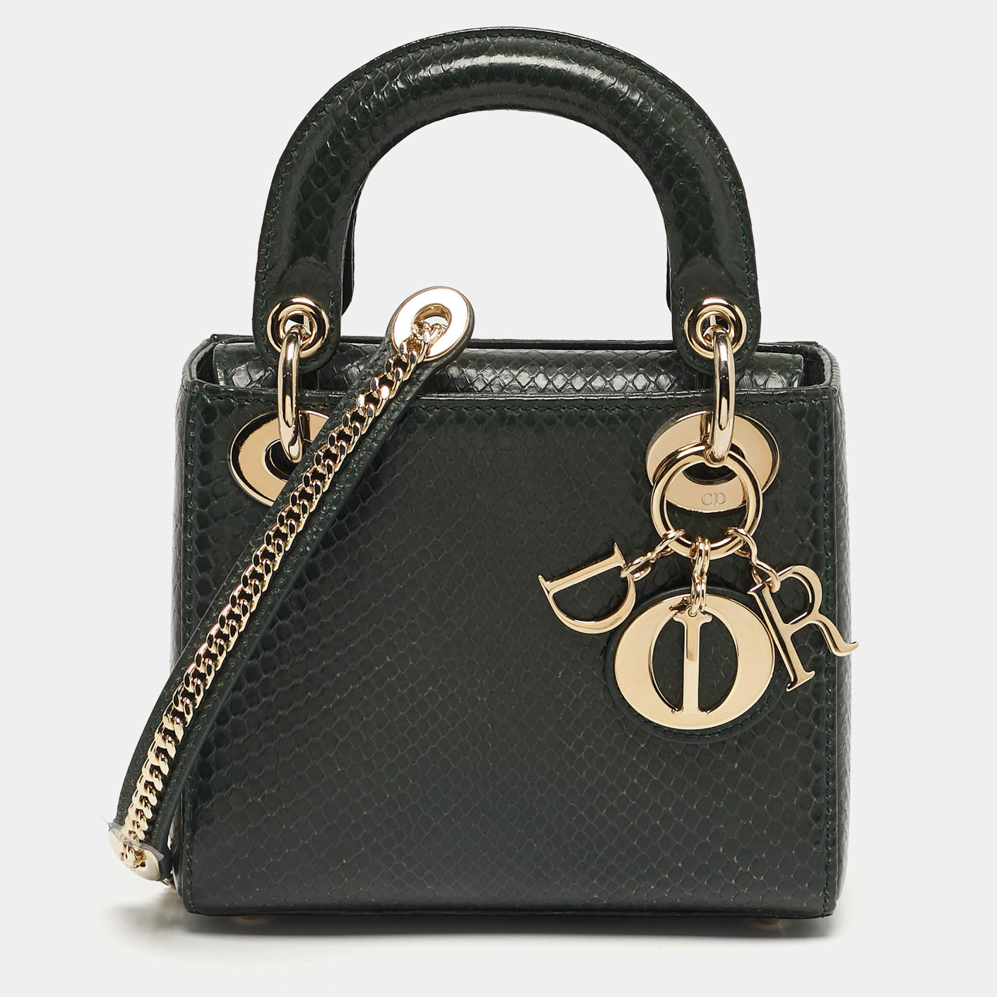 Pre Owned Dior Lady Dior Mini Dark Green Python Tote