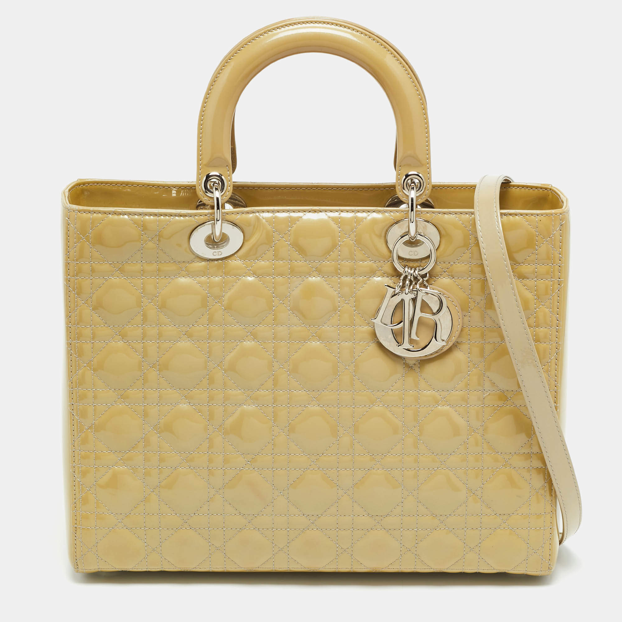 مملوكة مسبقًا Dior Lady Dior Large Cream Cannage Patent Leather Tote