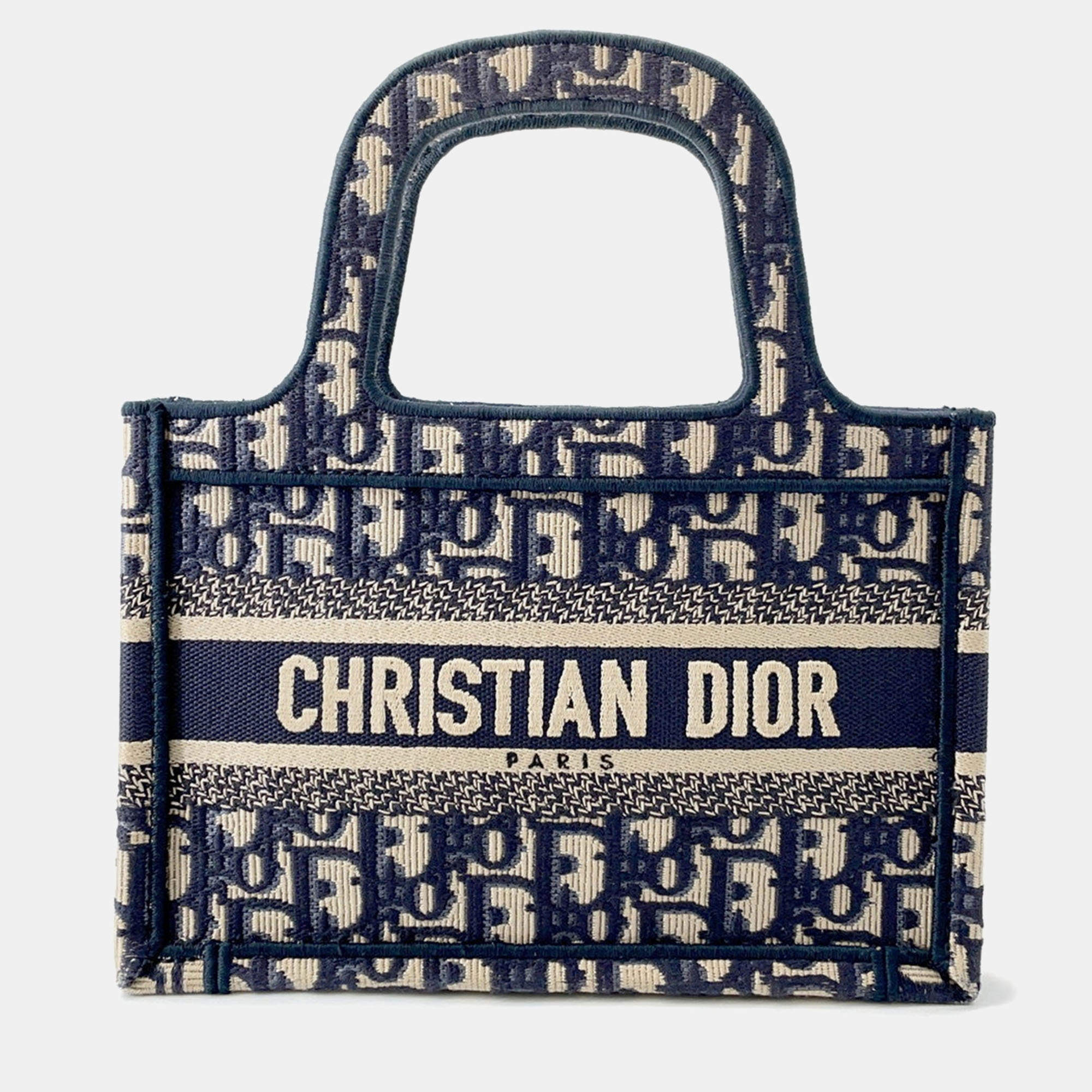Pre Owned Dior Oblique Book Tote Navy Canvas Size Mini