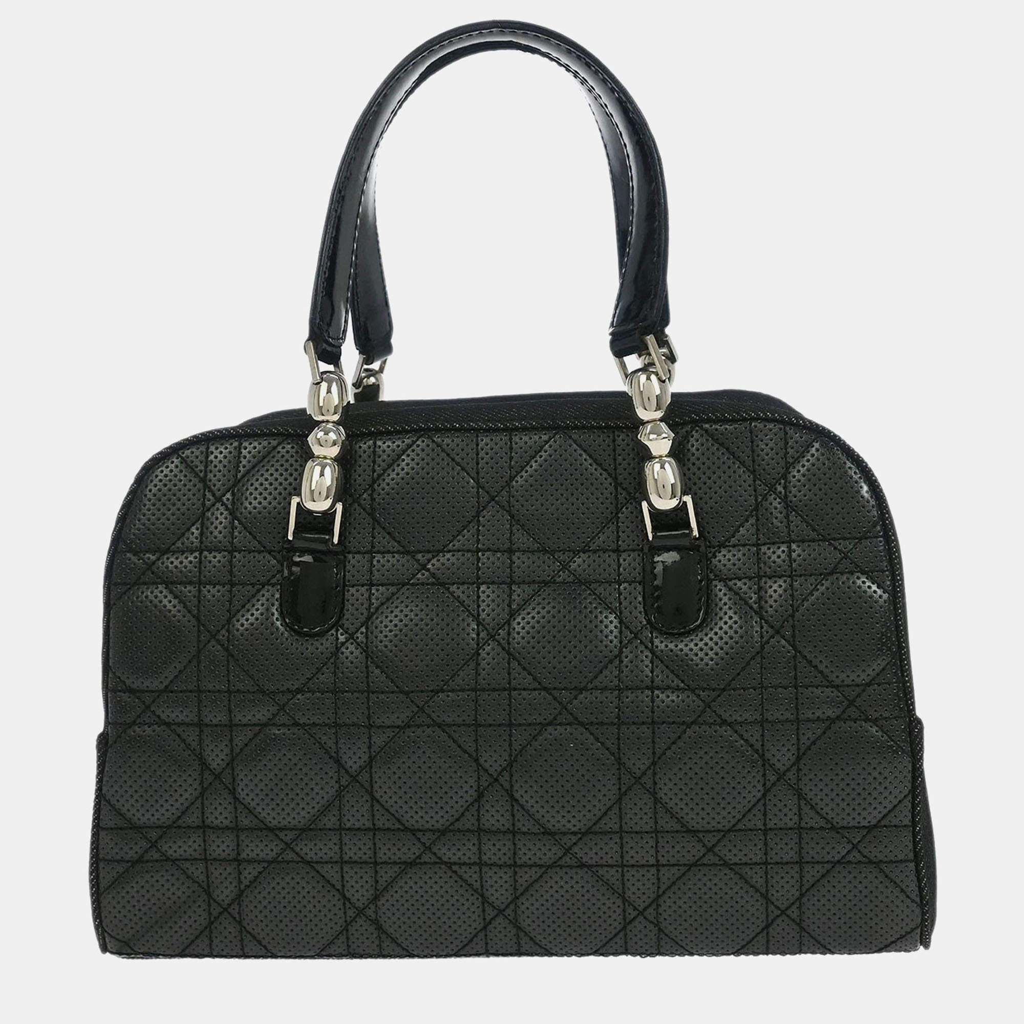 Pre Owned Christian Dior Malice Cannage Black Denim Lambskin Leather Top Handle Bag