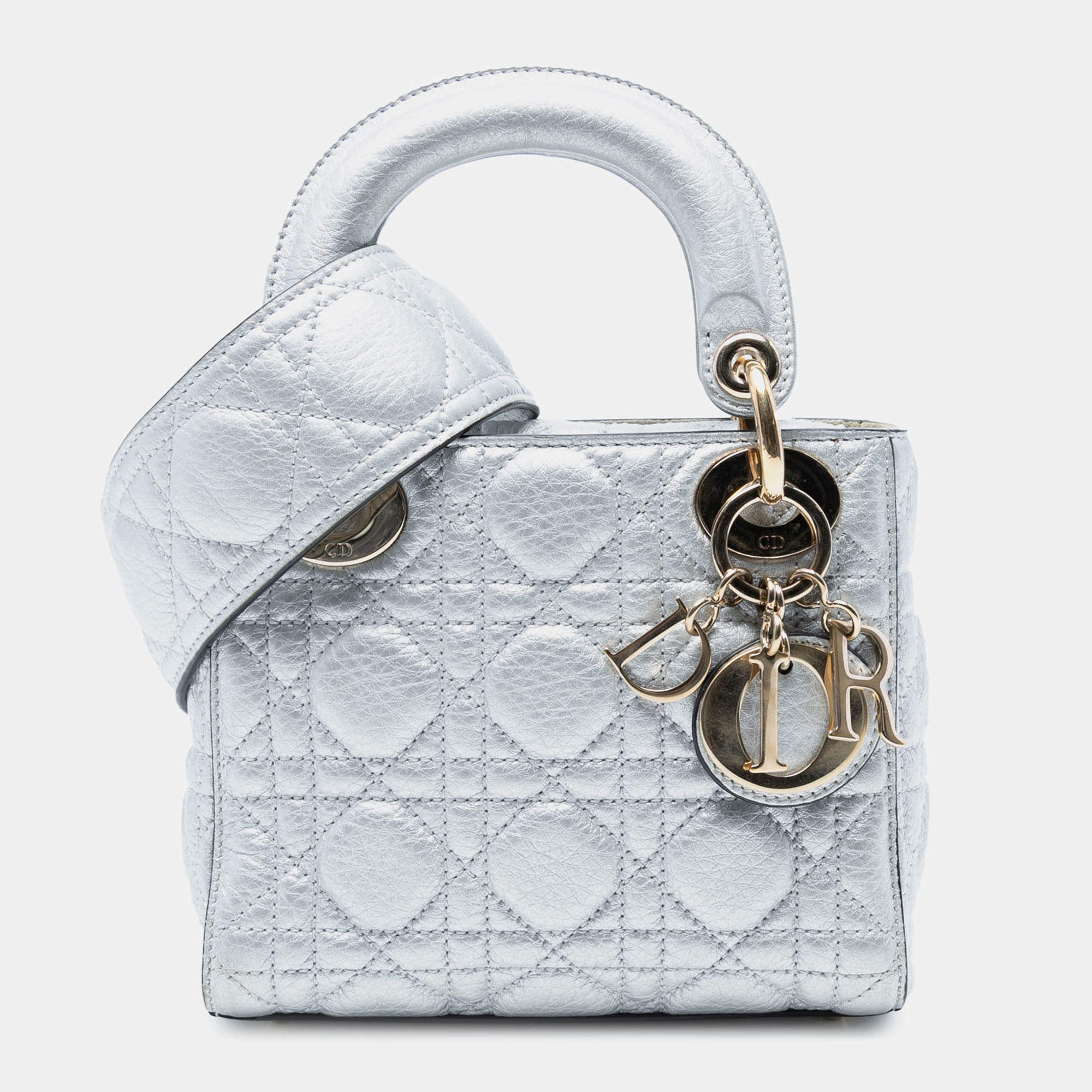 مملوكة مسبقًا Dior Silver Mini Metallic Grained Calfskin Cannage Lady Dior