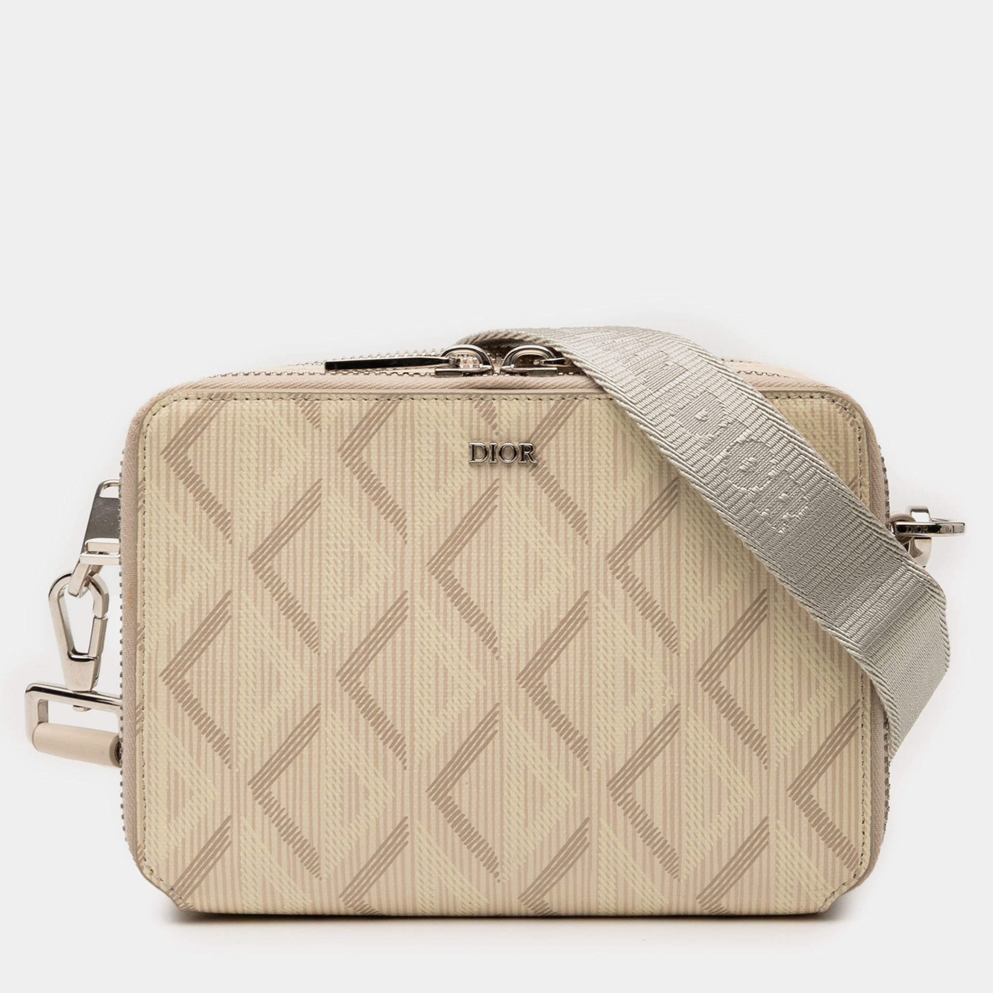 Pre Owned Dior Beige CD Diamond Coated Canvas Zipped Pouch with Strap