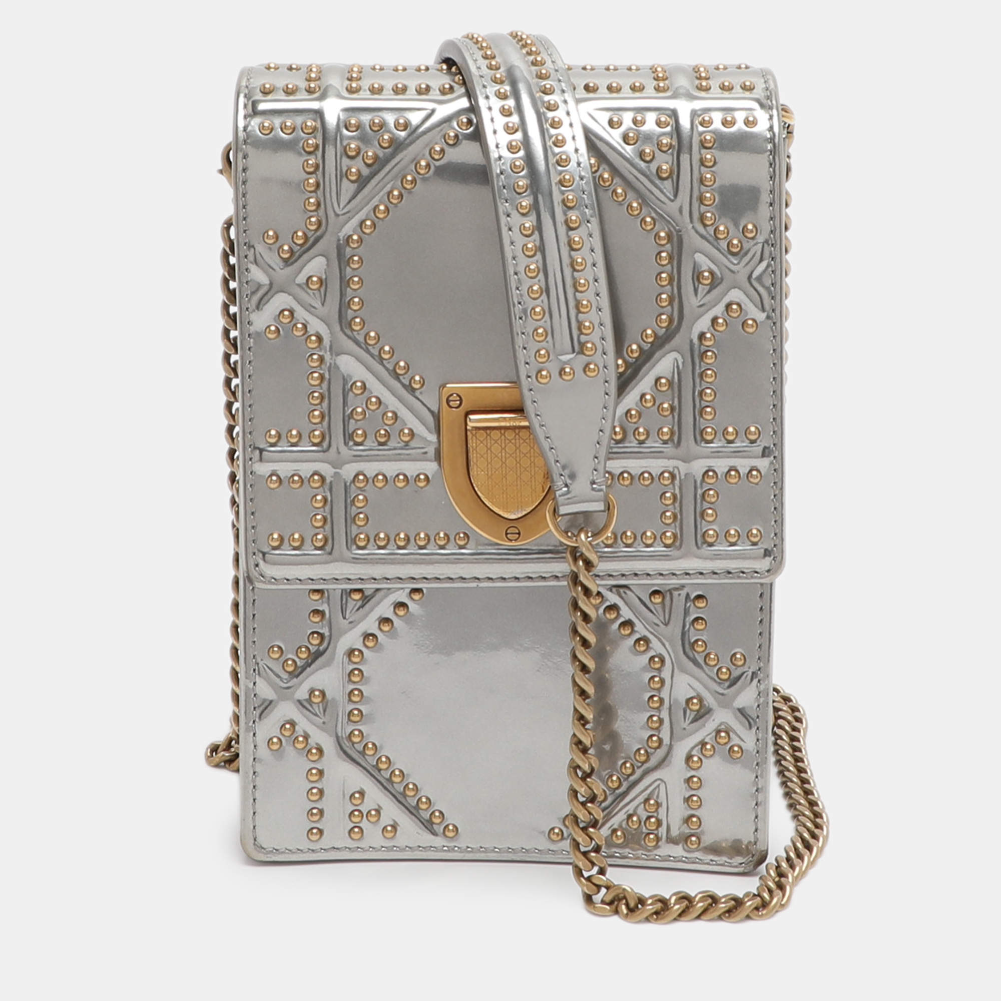 مملوكة مسبقًا Dior Diorama Silver Studded Leather Vertical Chain Clutch