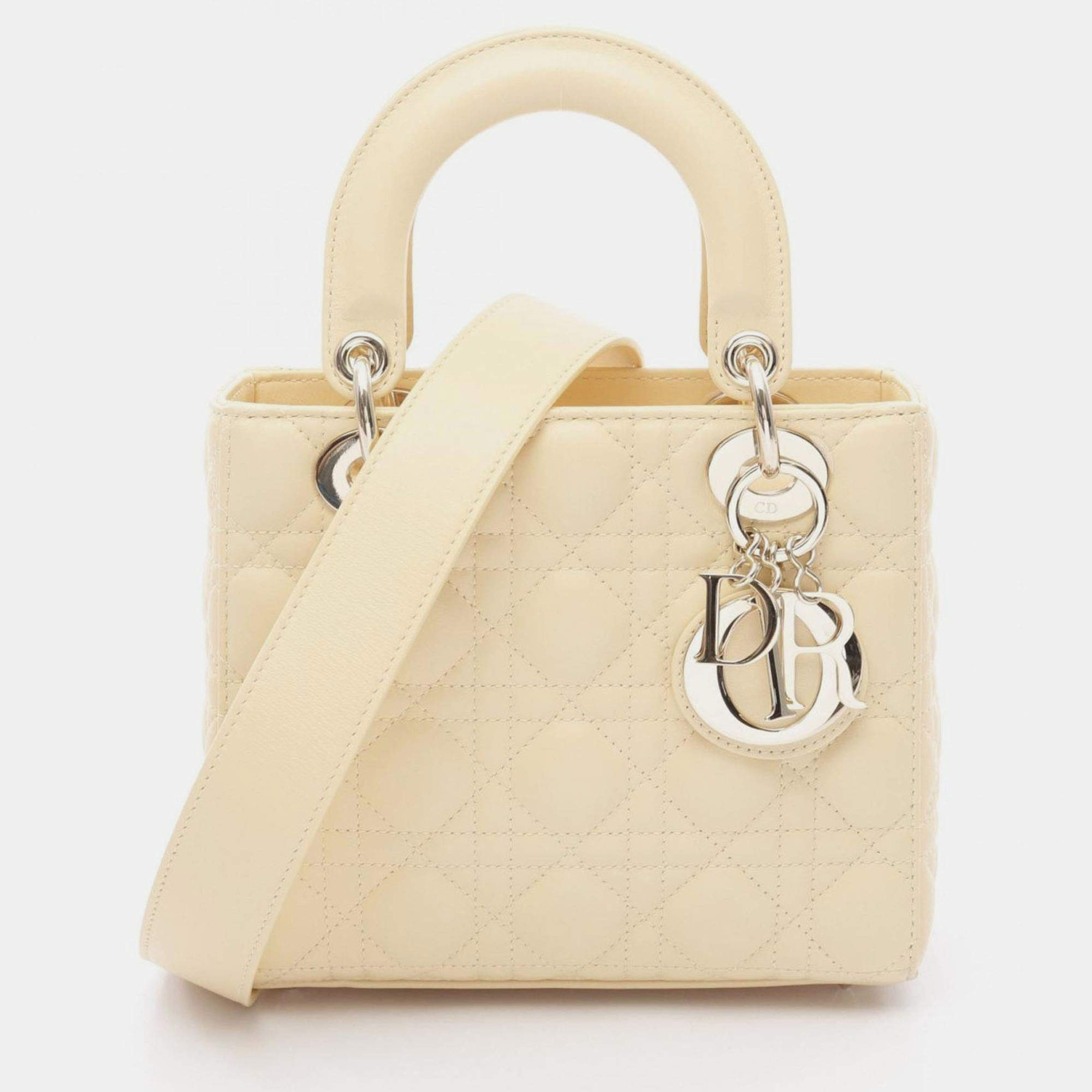 Pre Owned Christian Dior Dior Lady Small Cannage Handbag Leather Yellow