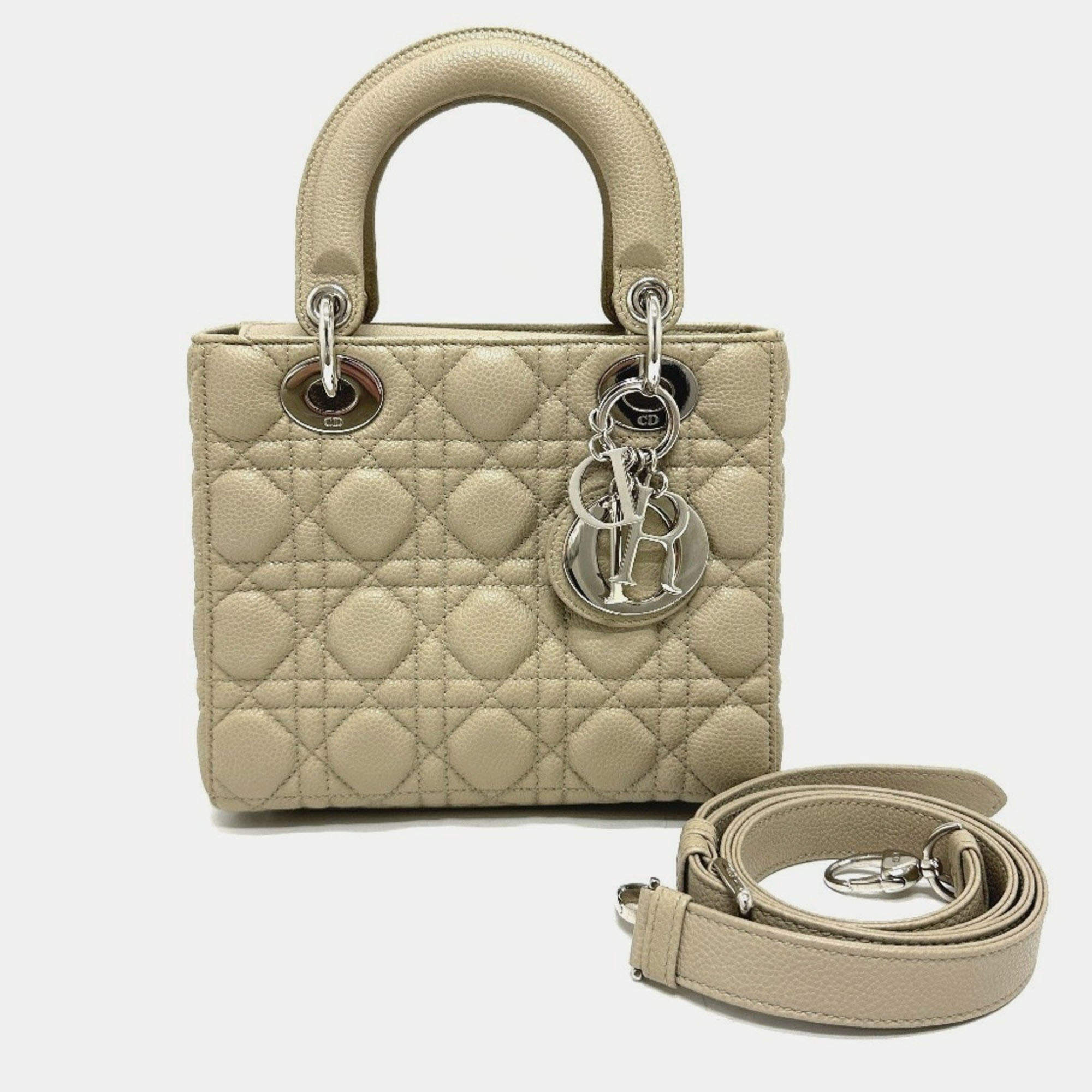 Pre Owned Christian Dior Dior Lady Cannage 2Way Shoulder Bag Handbag Leather Beige