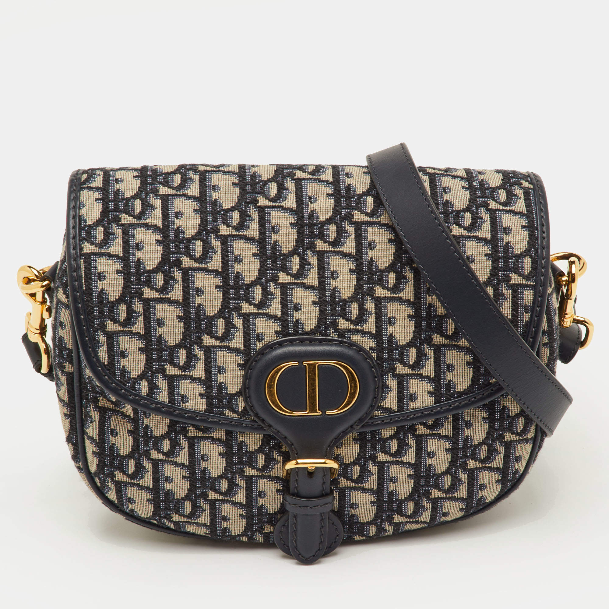 Pre Owned Dior Bobby Medium Navy Blue/Beige Oblique Jacquard and Leather Shoulder Bag