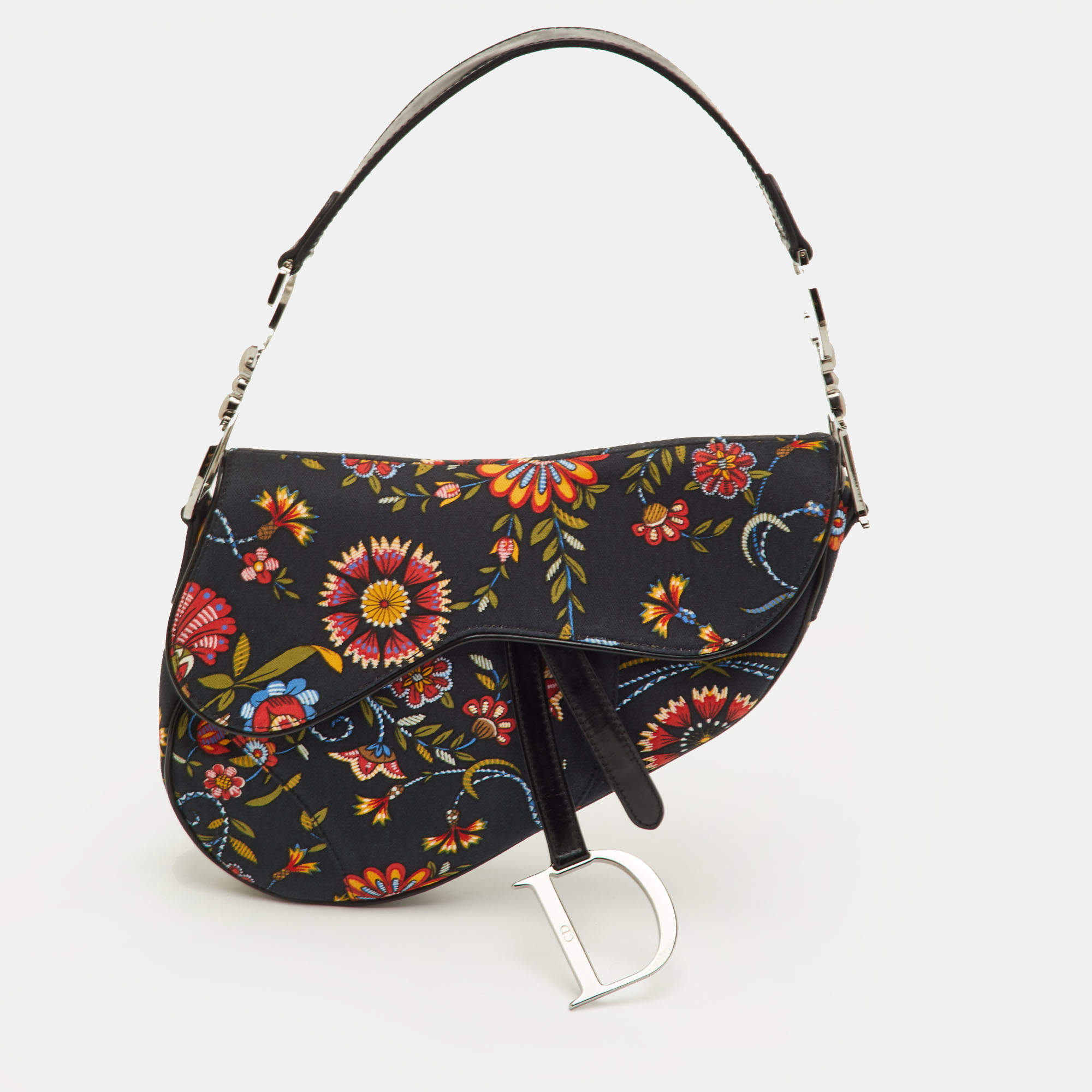 مملوكة مسبقًا Dior Saddle Vintage Black Floral Print Canvas and Patent Leather Shoulder Bag