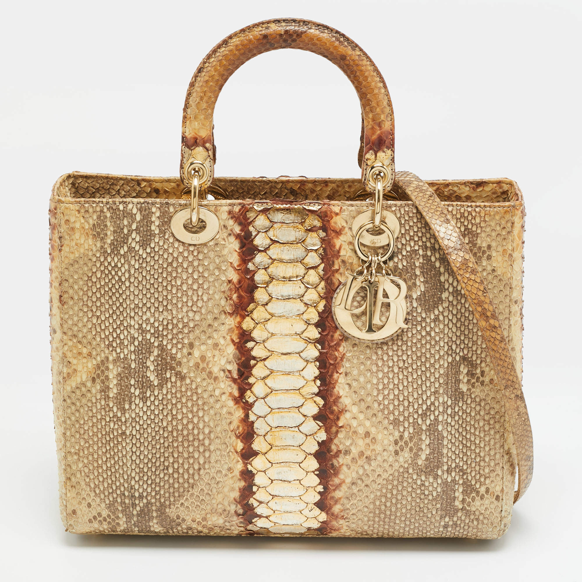 Pre Owned Dior Lady Dior Large Gold Python Tote