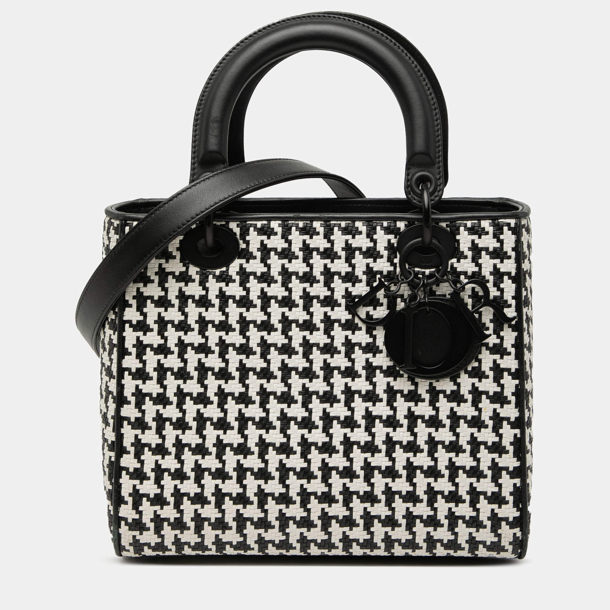 Pre Owned Dior Black White Medium Calfskin Woven Houndstooth Lady Dior