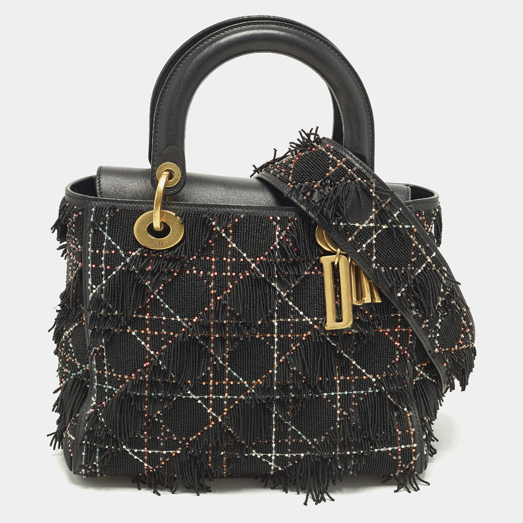 Pre Owned Dior Beaded Fringe Lady Dior Medium Black Cannage Leather Tote