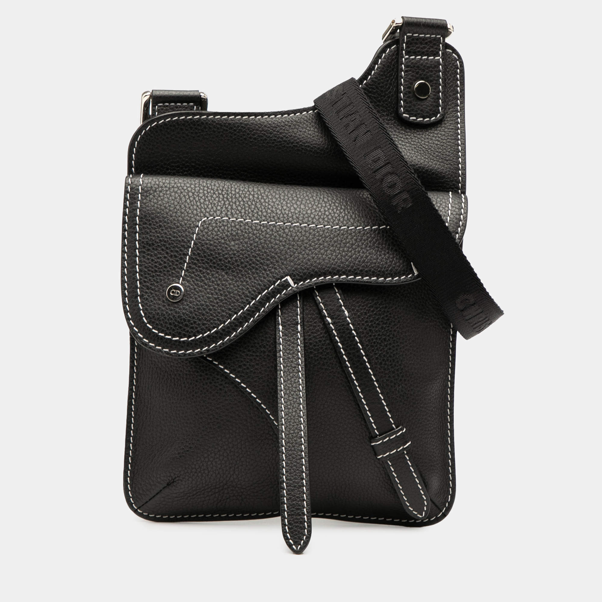 Pre Owned حقيبة رسول مسطحة ديور جلد عجل محبب أسود