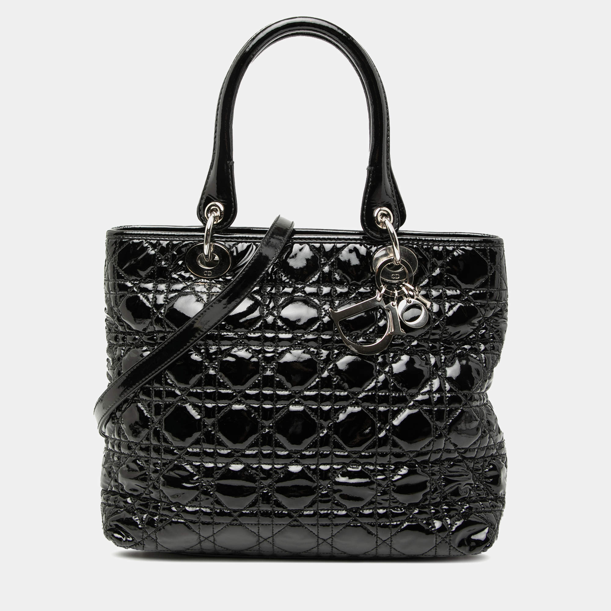 مملوكة مسبقًا حقيبة تسوق ديور سوفت ليدي ديور كاناج جلد لامع أسود متوسطة