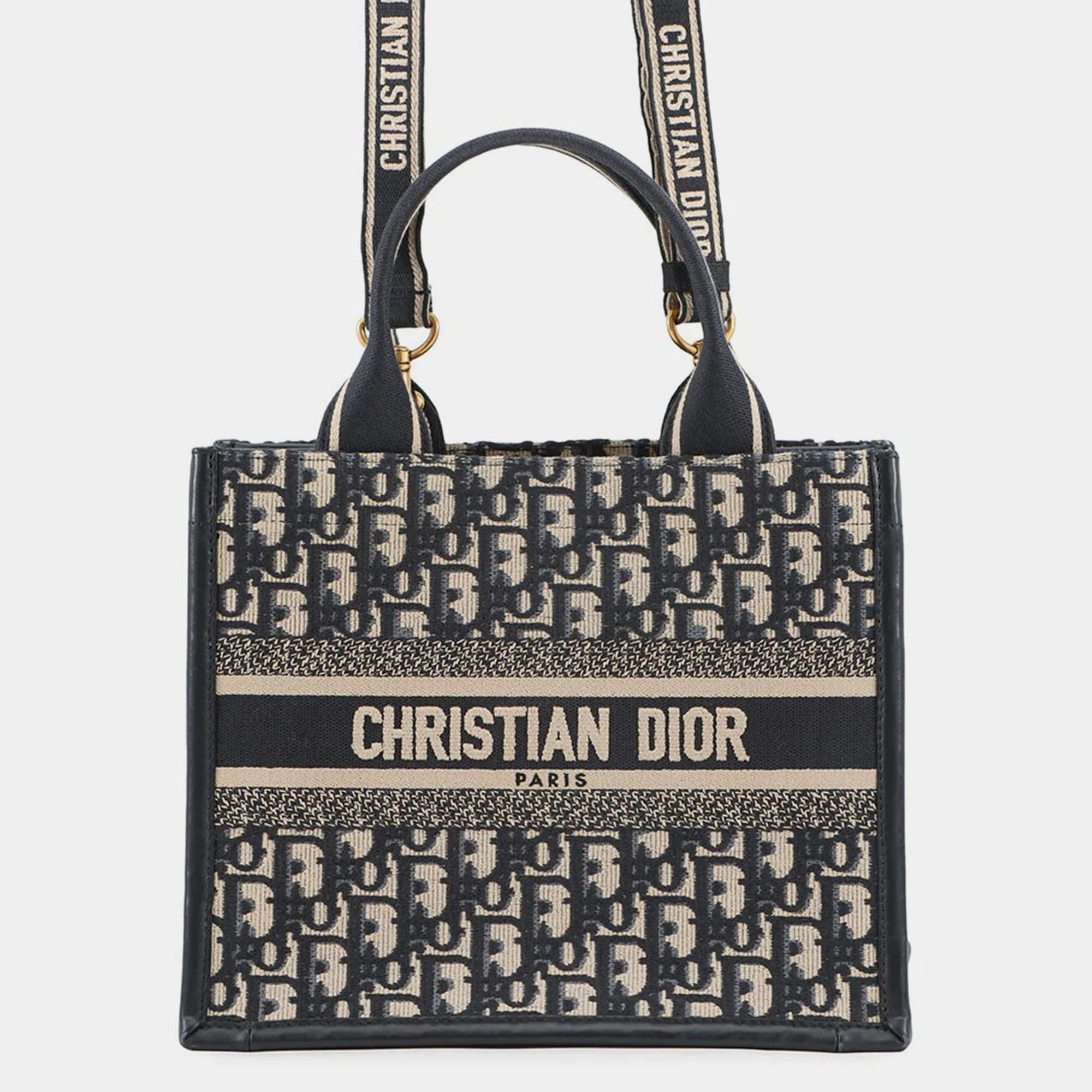 مملوكة مسبقًا Dior Oblique Embroidery Book Tote Navy Canvas Calf Leather Size Small