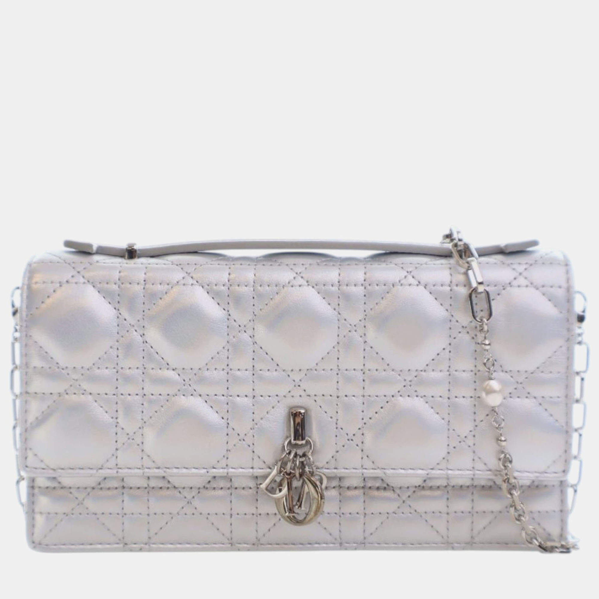 مملوكة مسبقًا Dior Silver Mini Iridescent Metallic Lambskin Cannage My Dior Bag