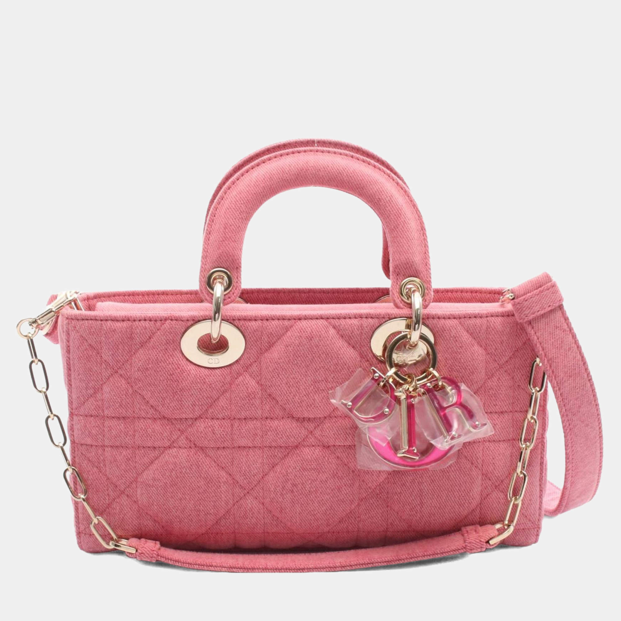 Pre Owned Christian Dior Dior Lady D-Joy Medium Cannage Handbag Denim Pink