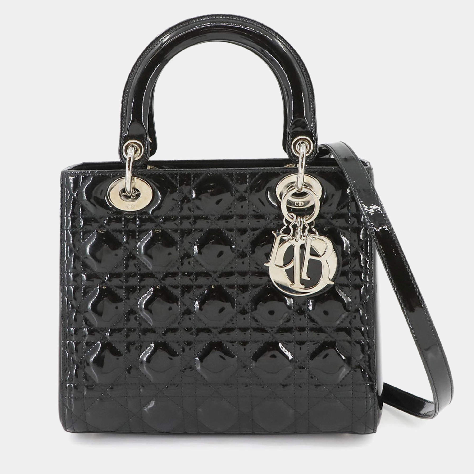 مملوكة مسبقًا Christian Dior Cannage Lady Medium 2-Way Hand Shoulder Bag Black Enamel