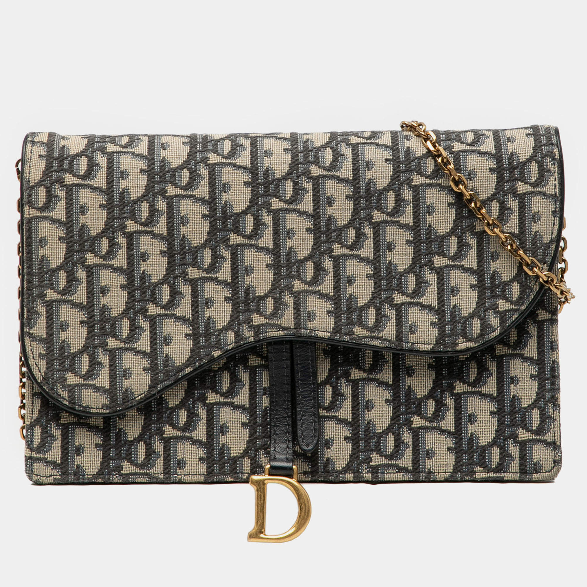 Pre Owned Dior Blue Oblique Canvas Saddle Wallet On Chain