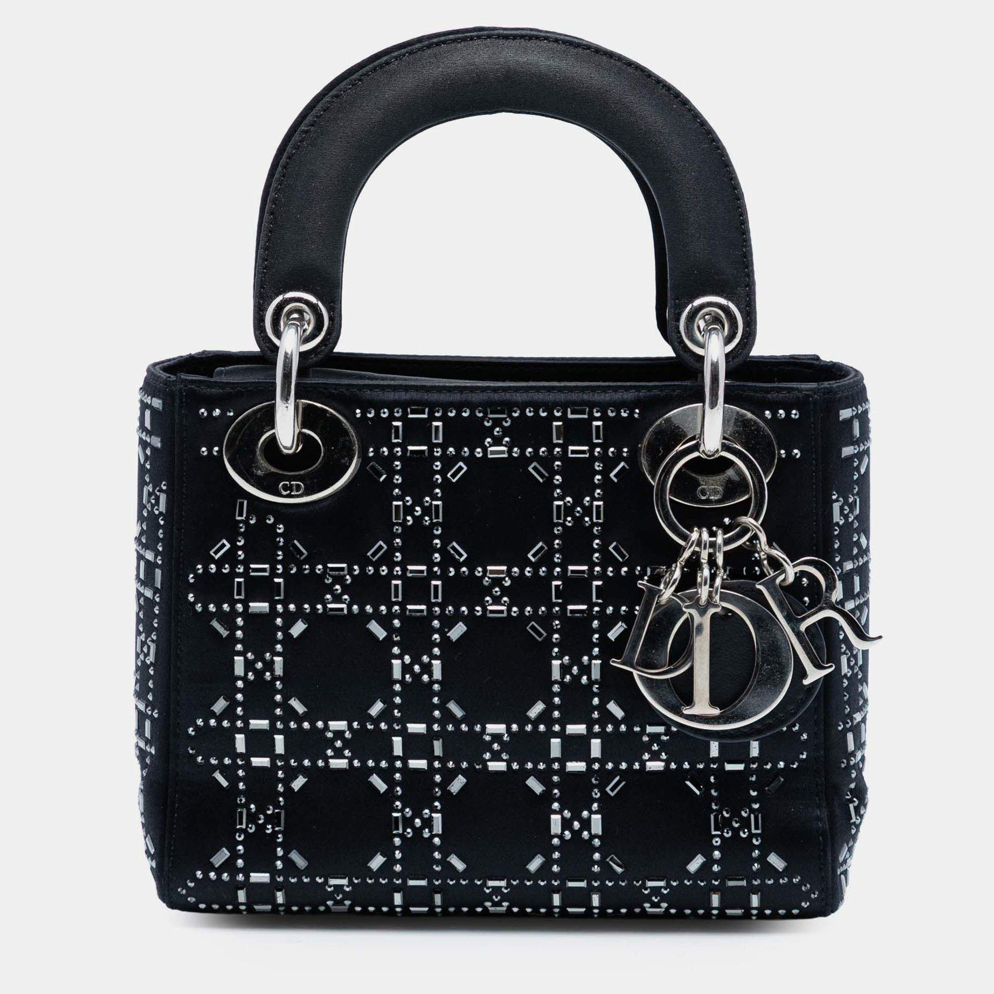 مملوكة مسبقًا Dior Black Mini Satin Cannage Strass Crystal Embellished Lady Dior