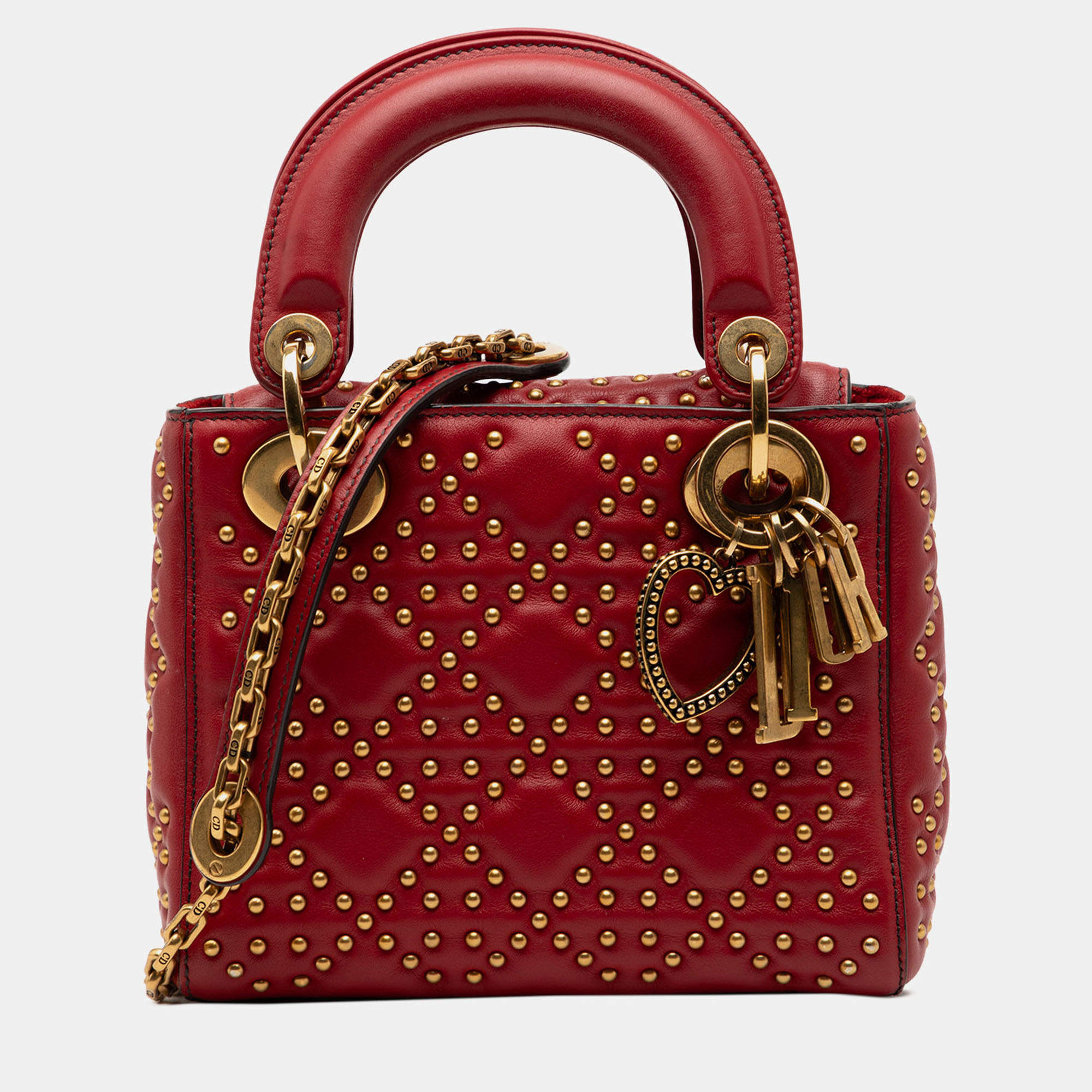 Pre Owned Dior Red Mini Lambskin Cannage Studded Supple Lady Dior