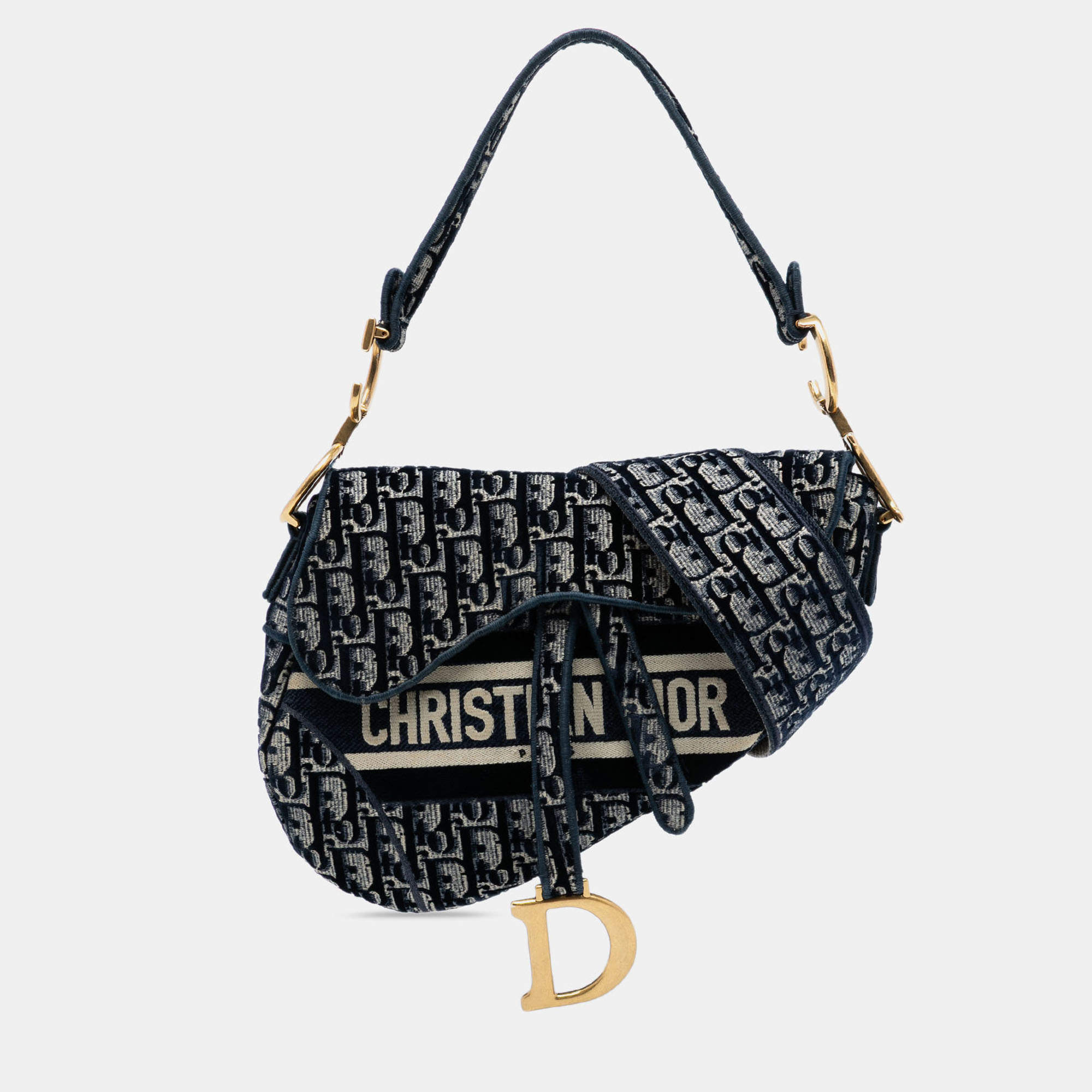 Pre Owned Dior Blue Oblique Embroidered Velvet Saddle Bag