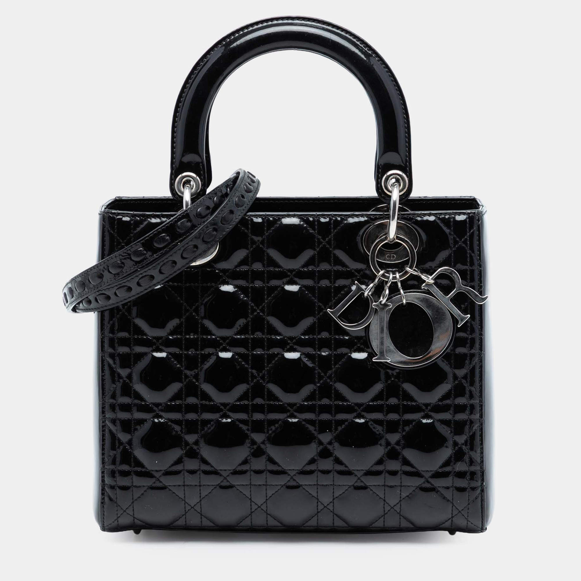 Pre Owned Dior Black Medium Patent Cannage Lady Dior