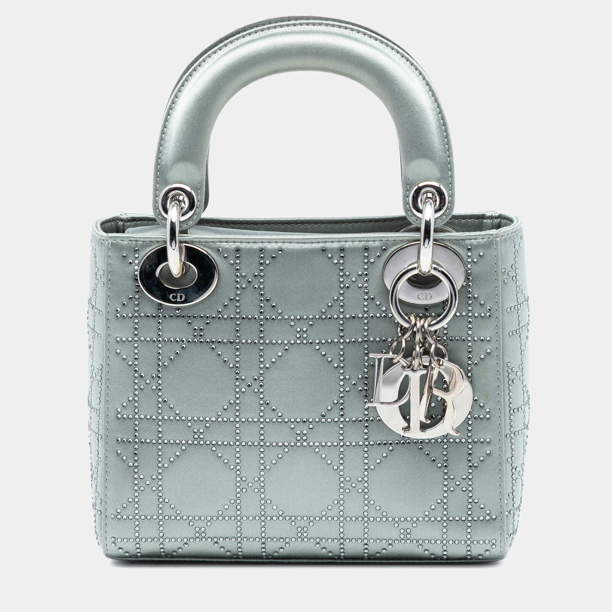 Pre Owned Dior Mini Grey Satin Cannage Strass Crystal Embellished Lady Dior