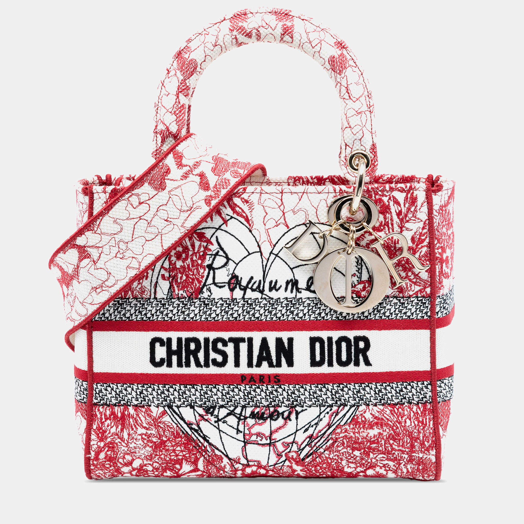 Pre Owned Dior Red DiorAmour Medium Embroidered Canvas Royale Lady D Lite