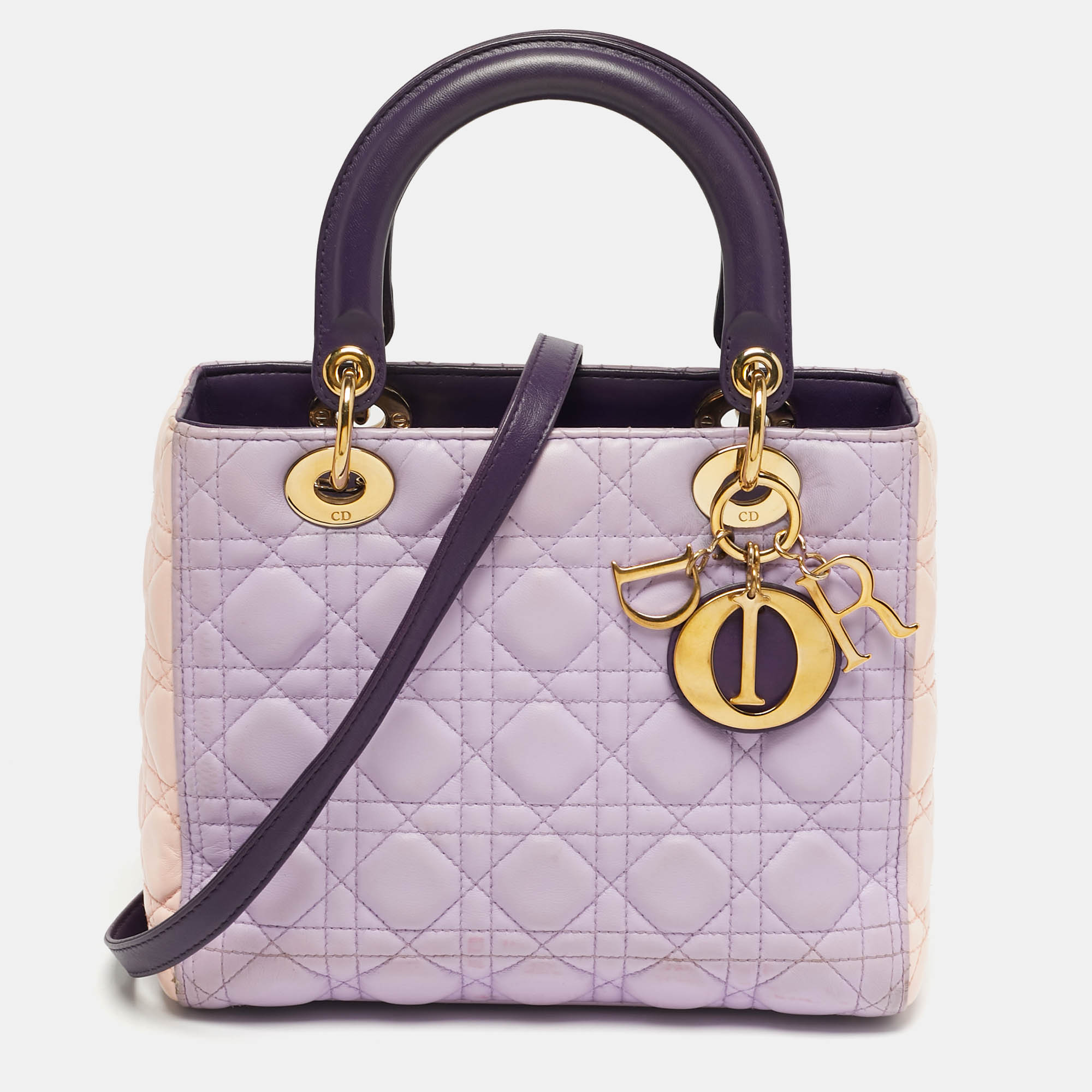 Pre Owned Dior Lady Dior Medium Purple/Pink Cannage Leather Tote