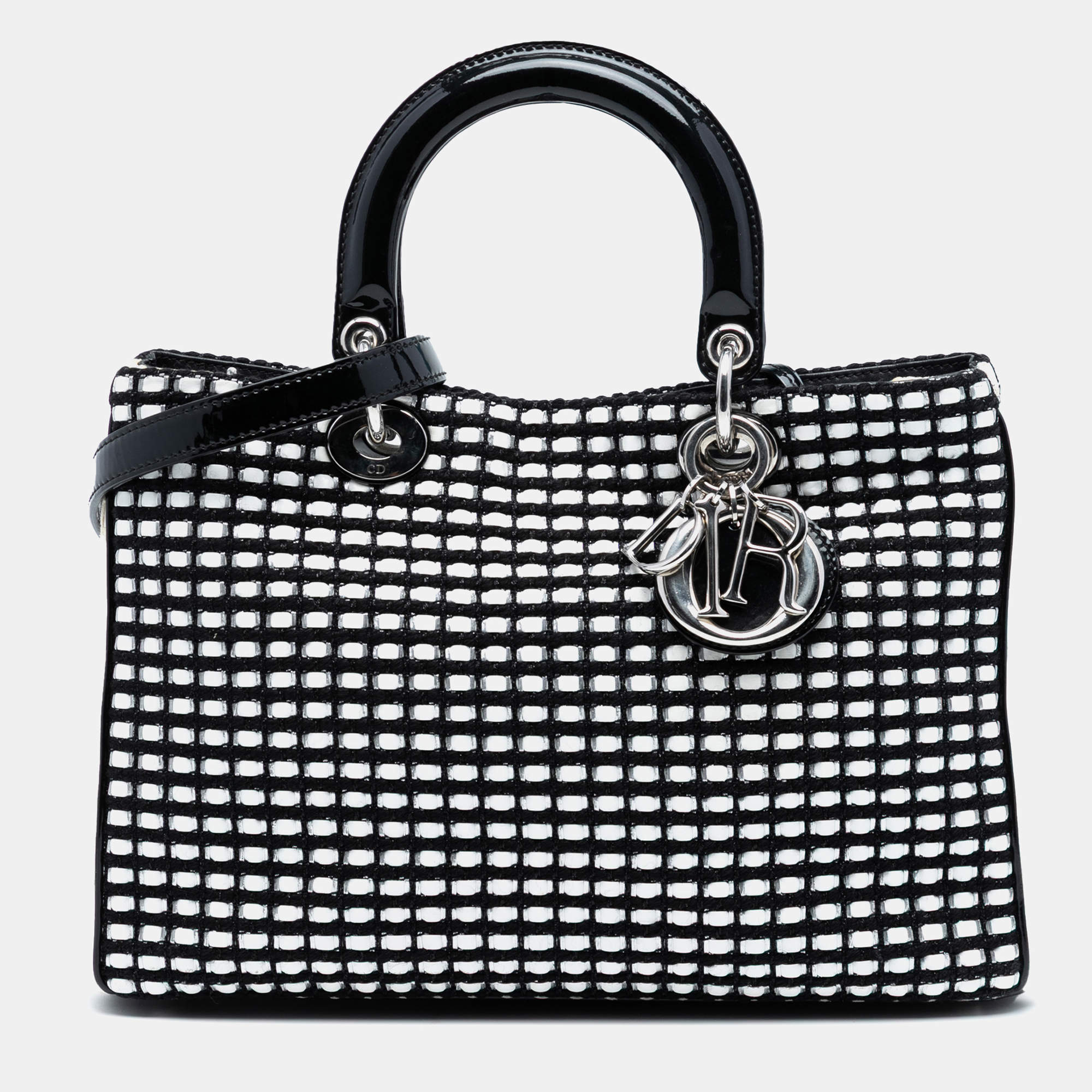 مملوكة مسبقًا Dior Black White Medium Patent and Tweed Diorissimo Satchel