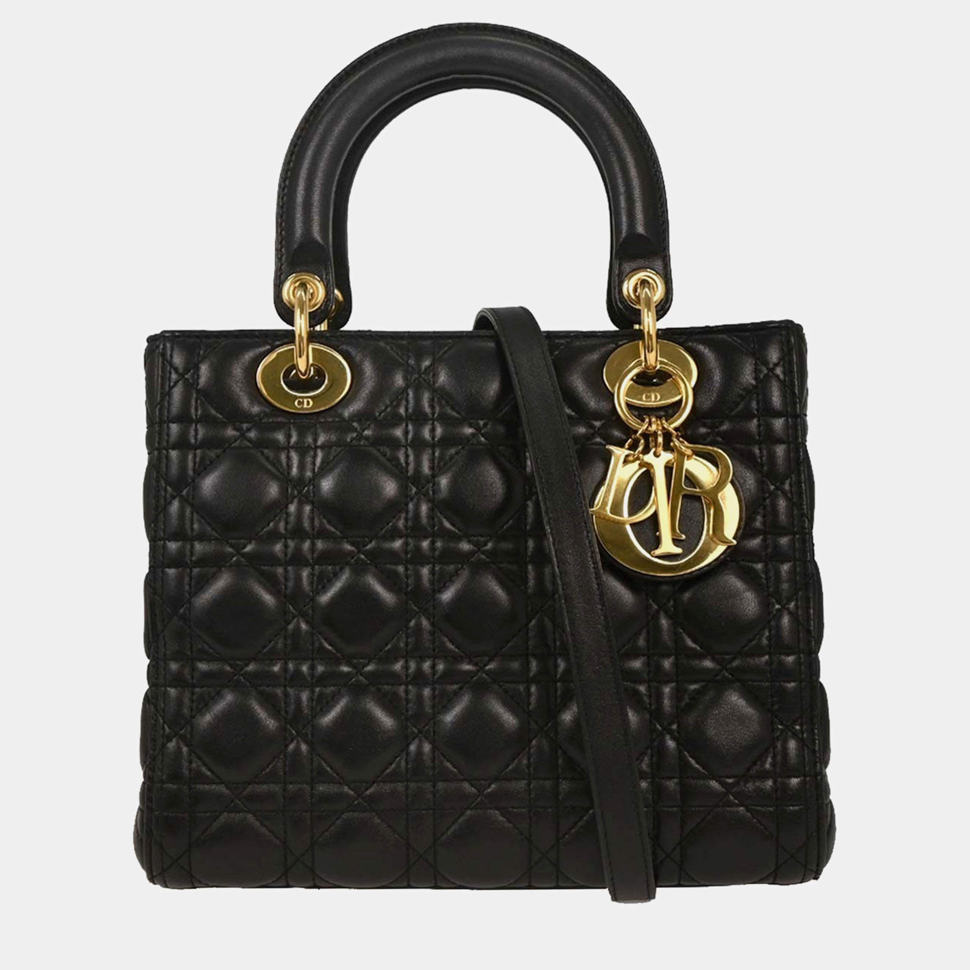 Pre Owned Christian Dior Black Lambskin Lady Dior Cannage 2way Handbag