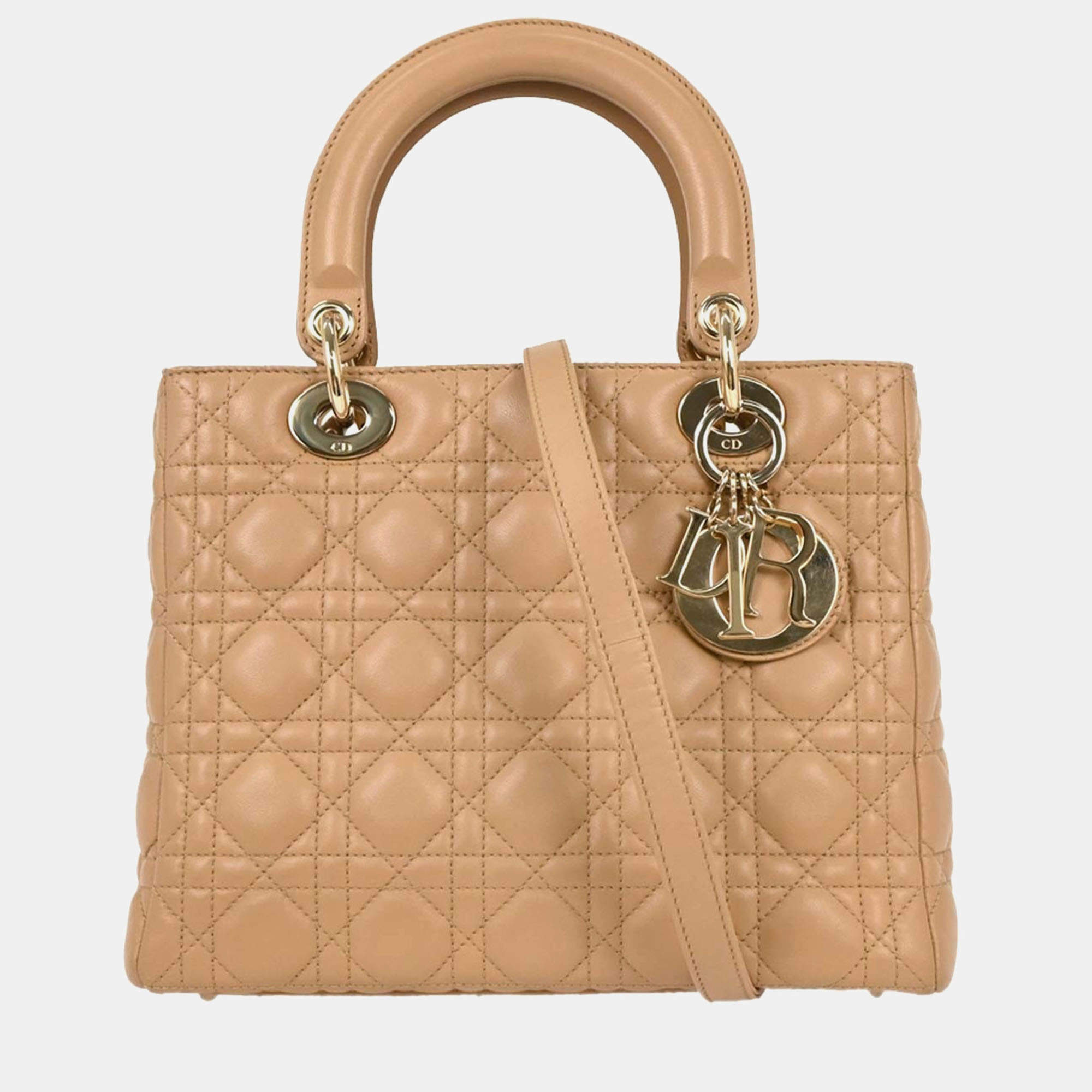 مملوكة مسبقًا Christian Dior Beige Lambskin Lady Dior Cannage 2way Handbag