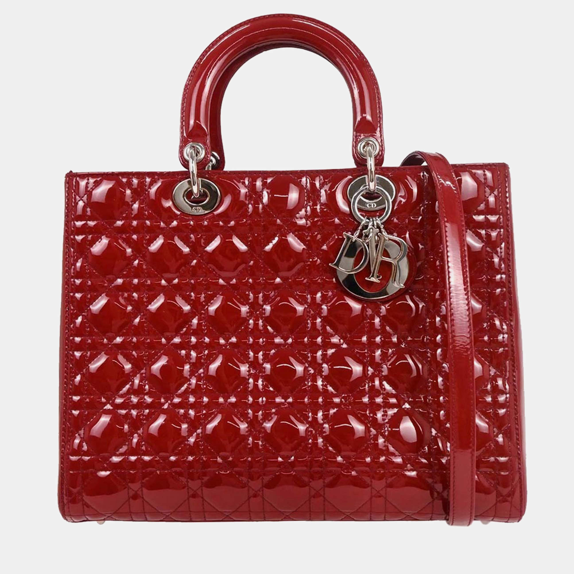 Pre Owned Dior Lady Dior Red Patent Leather Top Handle Bag