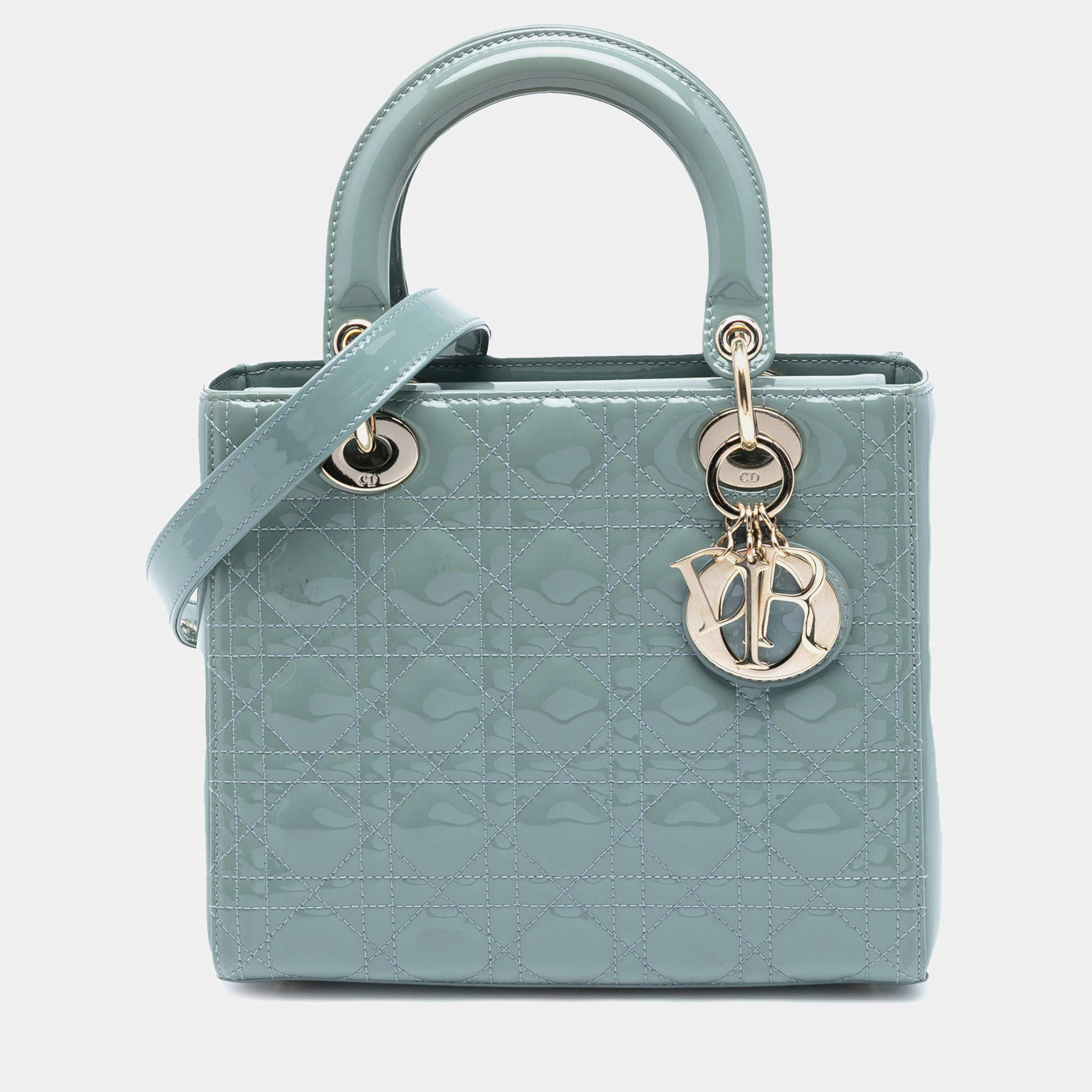 Pre Owned Dior Light Blue Medium Patent Cannage Lady Dior