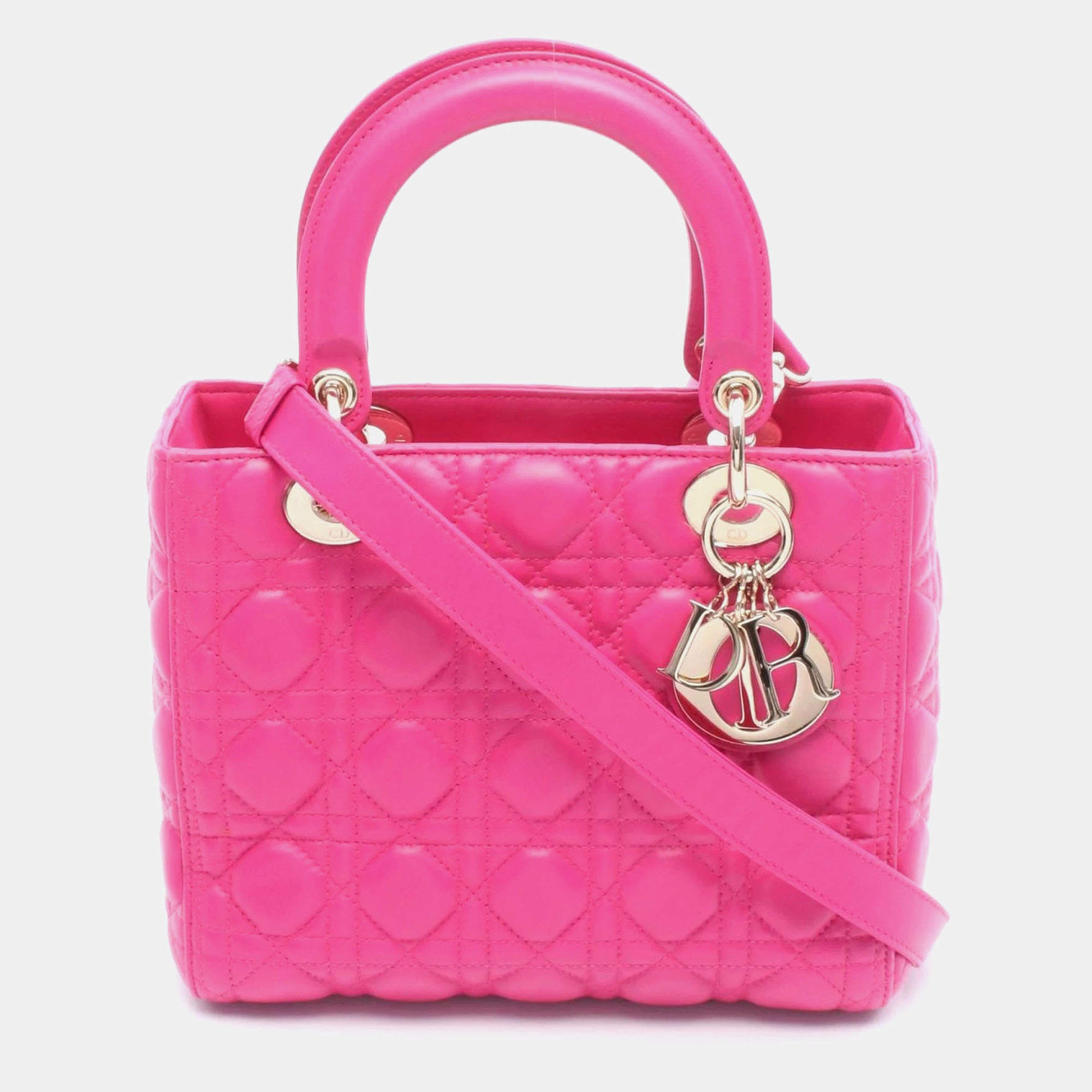 Pre Owned Christian Dior Dior Lady Cannage Handbag In Lambskin Leather Pink.