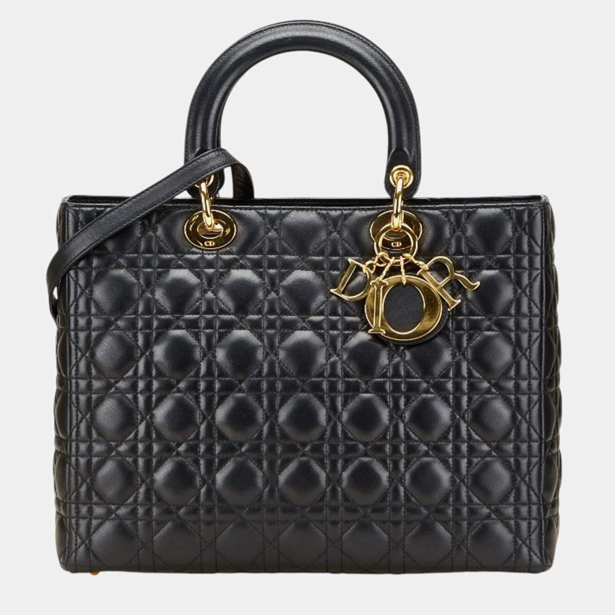 Pre Owned حقيبة يد/كتف ديور كاناج ليدي كبيرة جلد حمل أسود